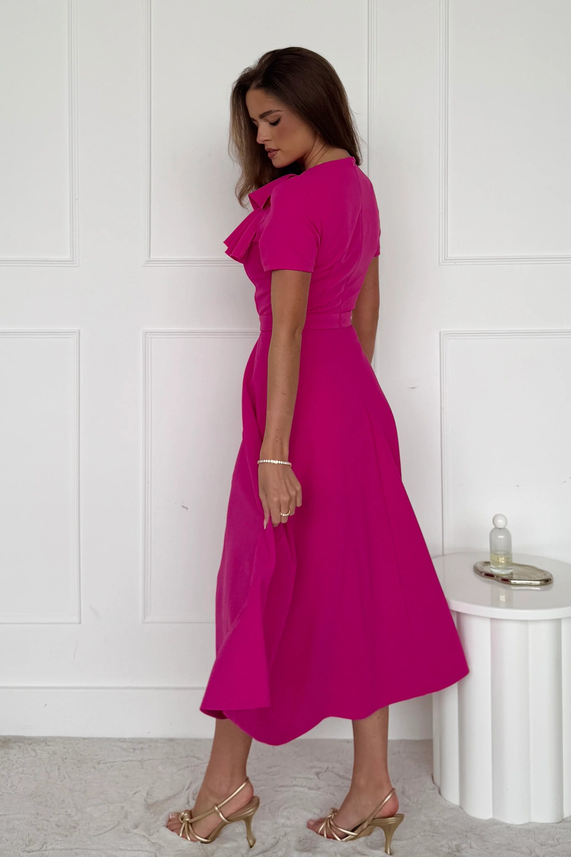 Minta Bow Detail Midi Dress for Women - Elegant Pink Flowy Summer Dress for Parties, Weddings & Date Nights