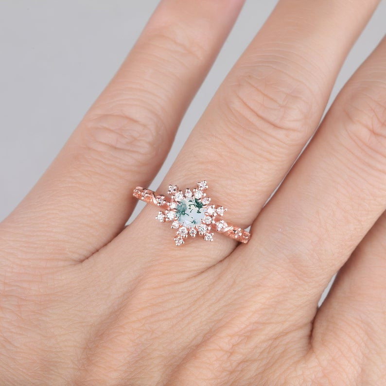 Vintage Moss Agate Engagement Ring - Art Deco Style 925 Sterling Silver Wedding Band for Women | Perfect for Vintage Weddings, Anniversary Gifts & Special Occasions