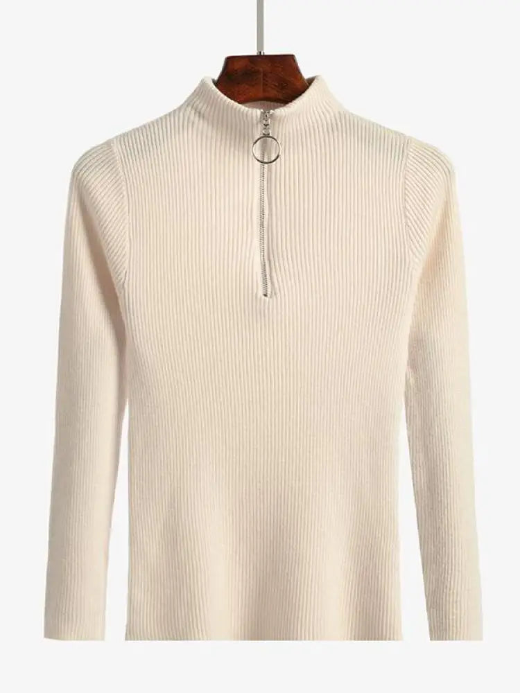 Vintage Solid Knitted Long Sleeve Zip-Up Half Turtleneck Sweater for Women - Cozy Winter Pullover for Casual Outfits & Office Wear