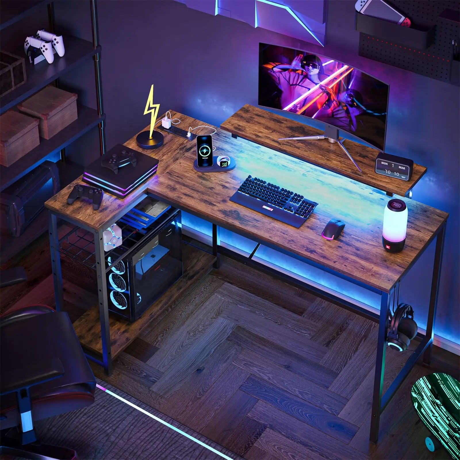 Bestier 48 Inch L-Shaped LED Gaming Desk with Monitor Stand - Ergonomic Computer Workstation for PC Gamers & Home Office Setup
