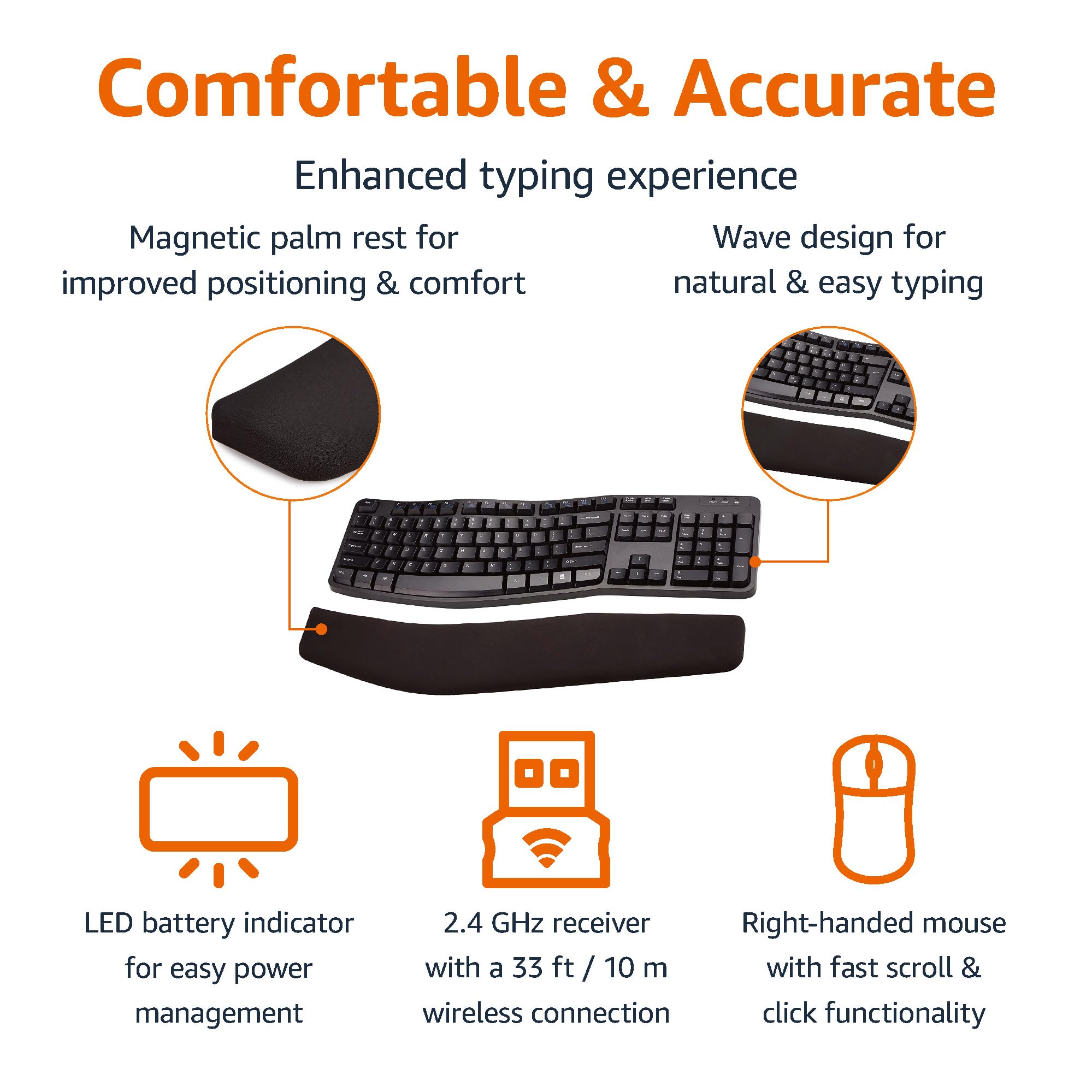 Amazon Basics Ergonomic Wireless Keyboard and Mouse Combo - 2.4GHz USB for PC & Laptop - Right-Handed Design (Black) | Perfect for Office Work, Gaming & Long Typing Sessions