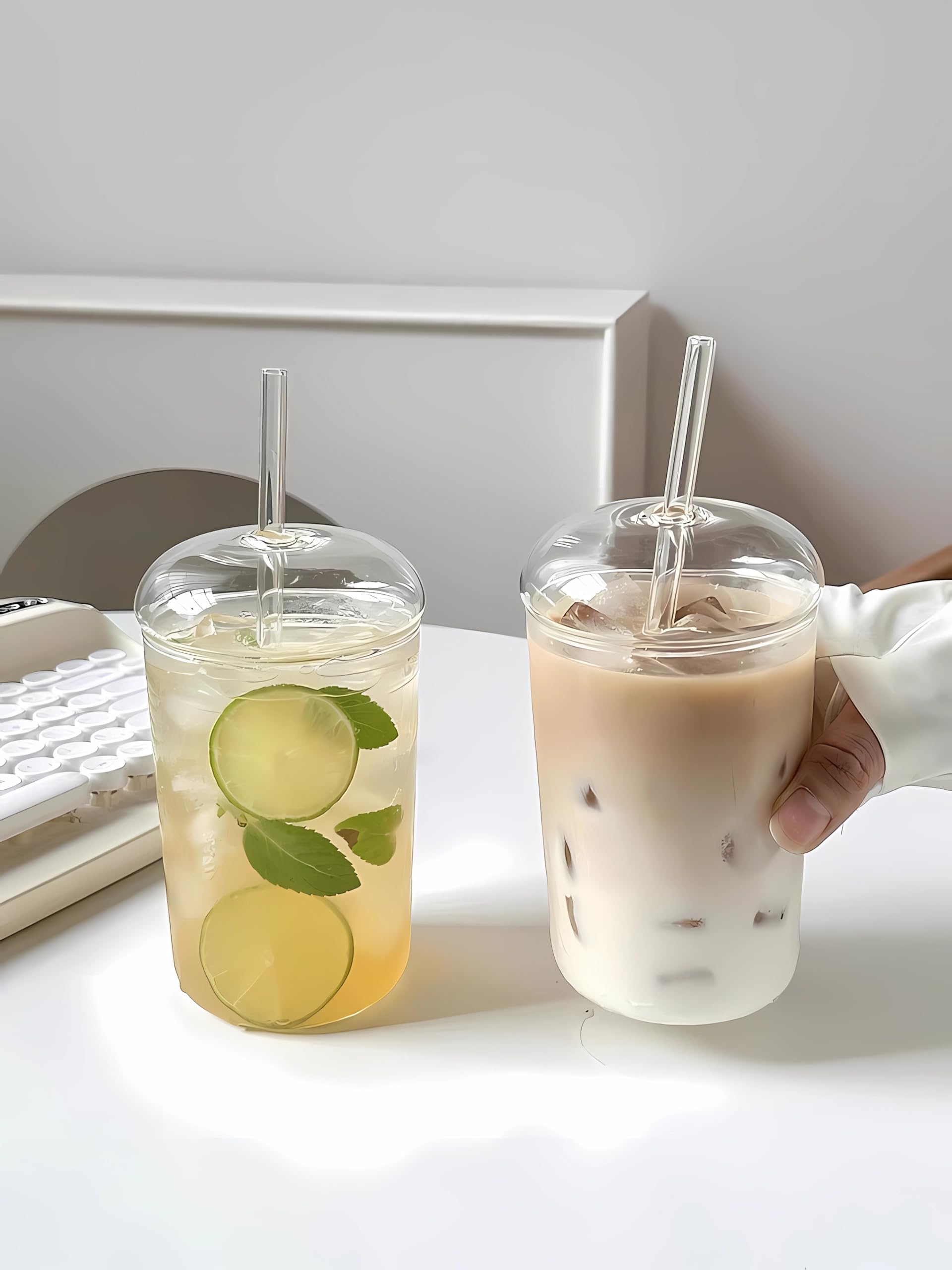 2-Pack 16oz Glass Drinking Cups with Lids & Straws - Reusable Iced Coffee Glasses for Water, Soda, Tea - Includes Cleaning Brush - Perfect for Home, Office, Parties & Gifts