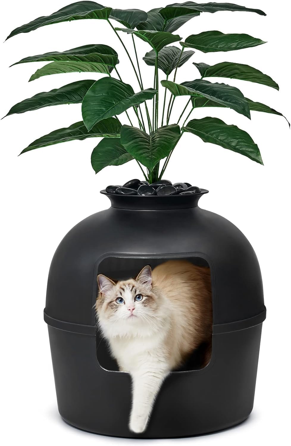 Bundle & Bliss Hidden Cat Litter Box Enclosure - Odor Control with Carbon Filter, Includes Faux Plant & Decorative Stones for Large Cats - Matte Black Design for Discreet Home Placement (Living Room, Bedroom, Bathroom)