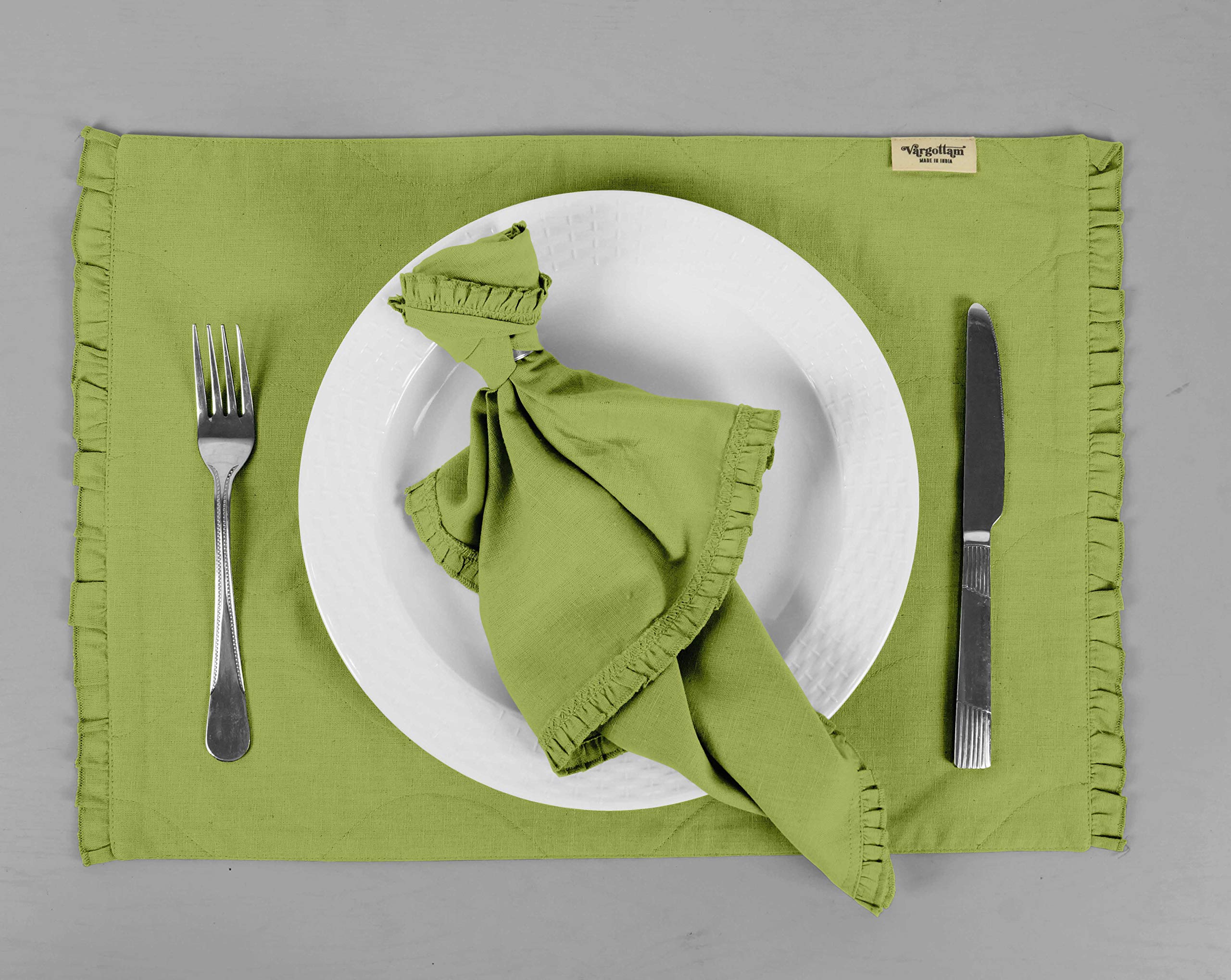 Eco-Friendly Light Green Reversible Frill Table Mats & Napkins Set - 6-Piece Dining Room Decor for Everyday Use & Special Occasions