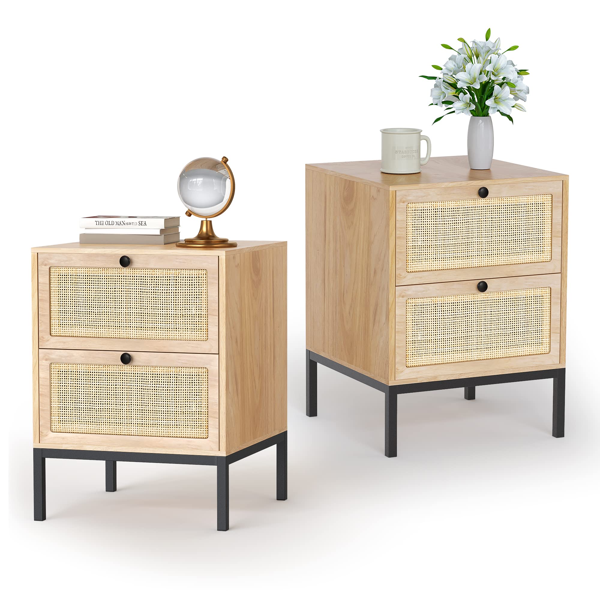 Rattan Nightstand Set of 2 - Boho Bedside Tables with Natural Woven Drawers, Modern Farmhouse Night Stand for Bedroom & Living Room, Natural Finish with Sturdy Metal Legs | Perfect for Cozy Bedrooms, Guest Rooms & Boho-Chic Home Decor