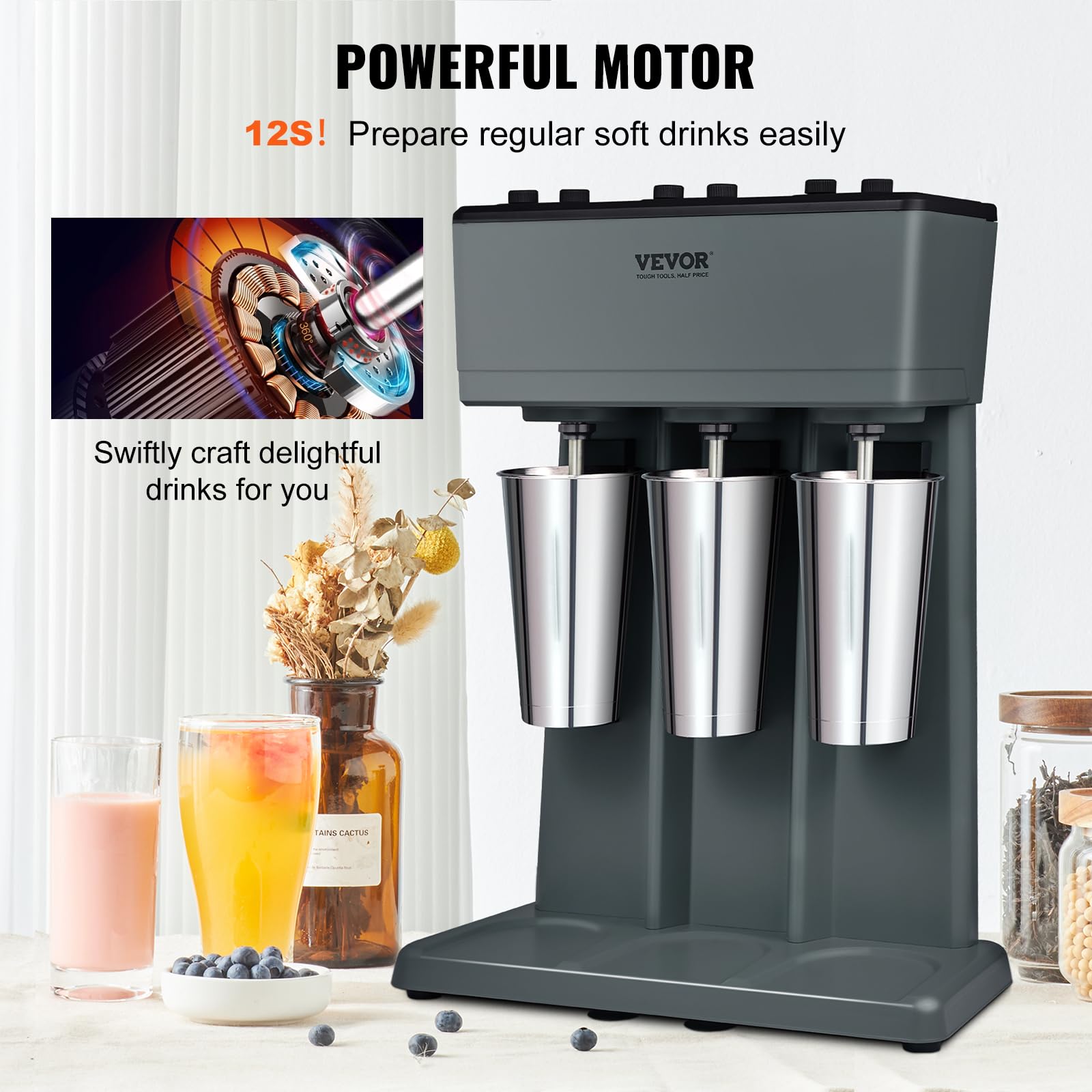 VEVOR 375W Commercial Triple Head Milkshake Maker - 3-Speed Electric Drink Mixer Blender with 3x820ml Stainless Steel Cups for Smoothies, Shakes & Frozen Drinks - Perfect for Restaurants, Cafes & Home Use