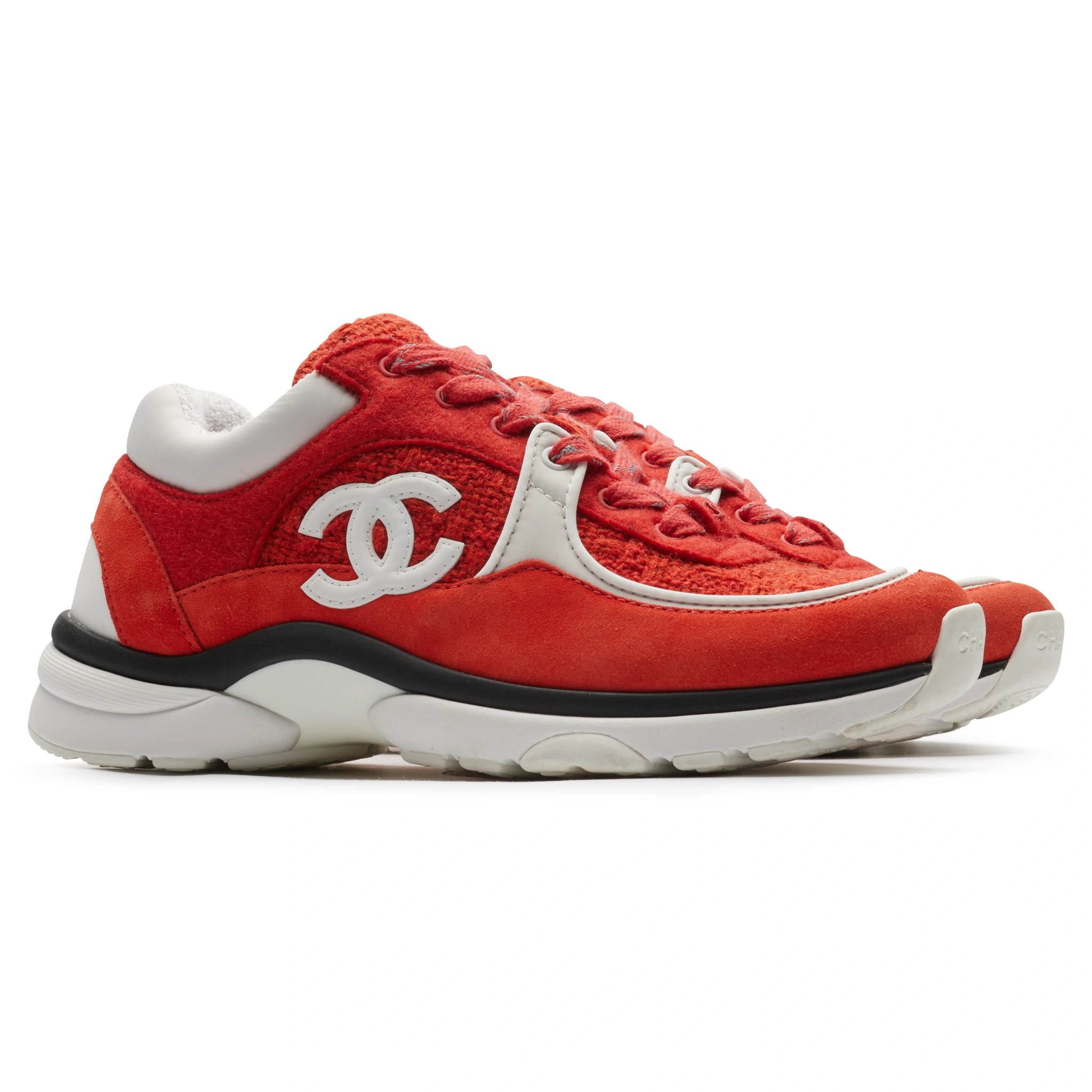 Chanel CC Logo Suede Red Tweed Sneakers - Authentic Pre-Owned Luxury Shoes for Women | Perfect for Casual Outfits, Street Style & Fashion Events