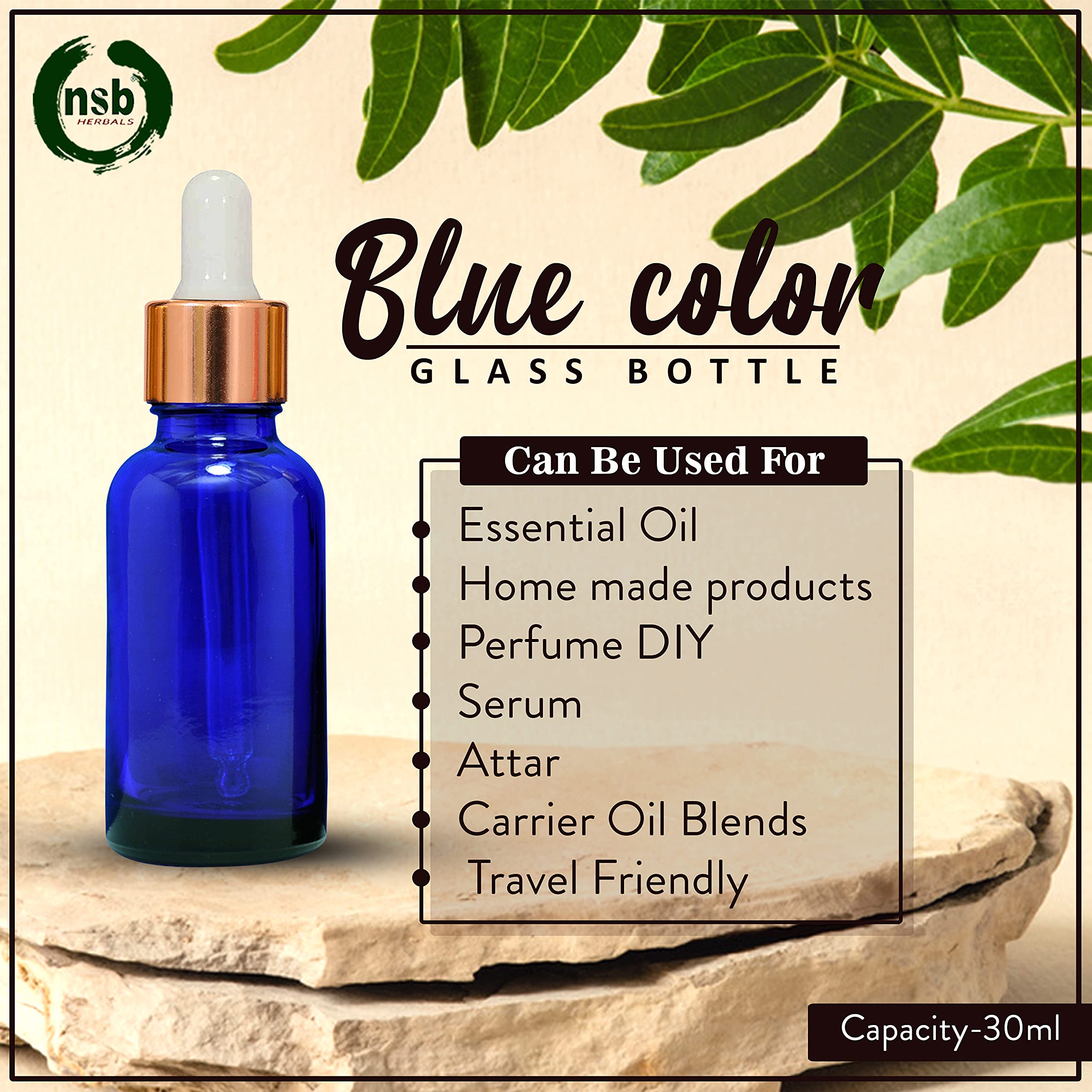 NSB Herbals 30ml Blue Round Empty Glass Bottle with Glass Dropper, Gold Ring & White Silicone Teat - Refillable, Leak Proof for Essential Oils, Perfumes, DIY Beauty (Pack of 3) - Perfect for Travel, Home Use & Gift Giving