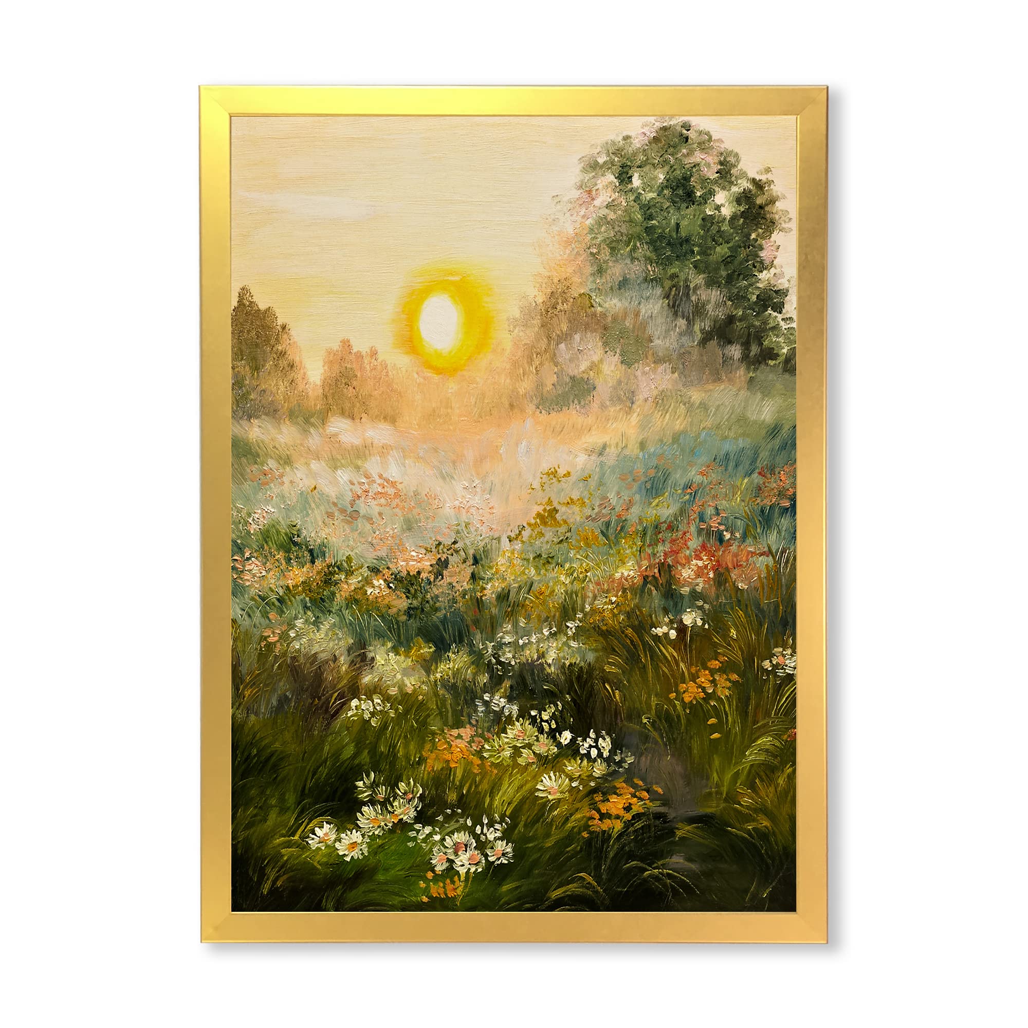 Sunrise In The Blossoming Field - Farmhouse Framed Wall Art Decor for Living Room, Bedroom & Office - Rustic Landscape Painting for Home & Office Interior Design