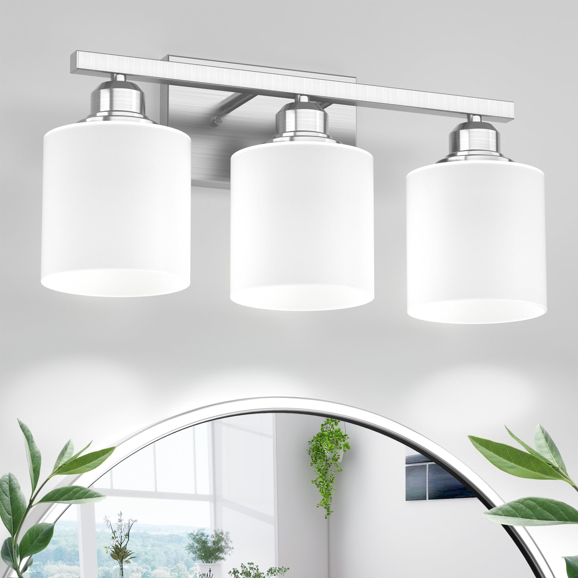 Sailstar Modern 3-Light Bathroom Vanity Light Fixture - Brushed Nickel Finish with Glass Shade, Rust-Resistant for Small Spaces (Bulbs Not Included) - Perfect for Bathroom Mirror Lighting, Powder Room, and Compact Home Decor
