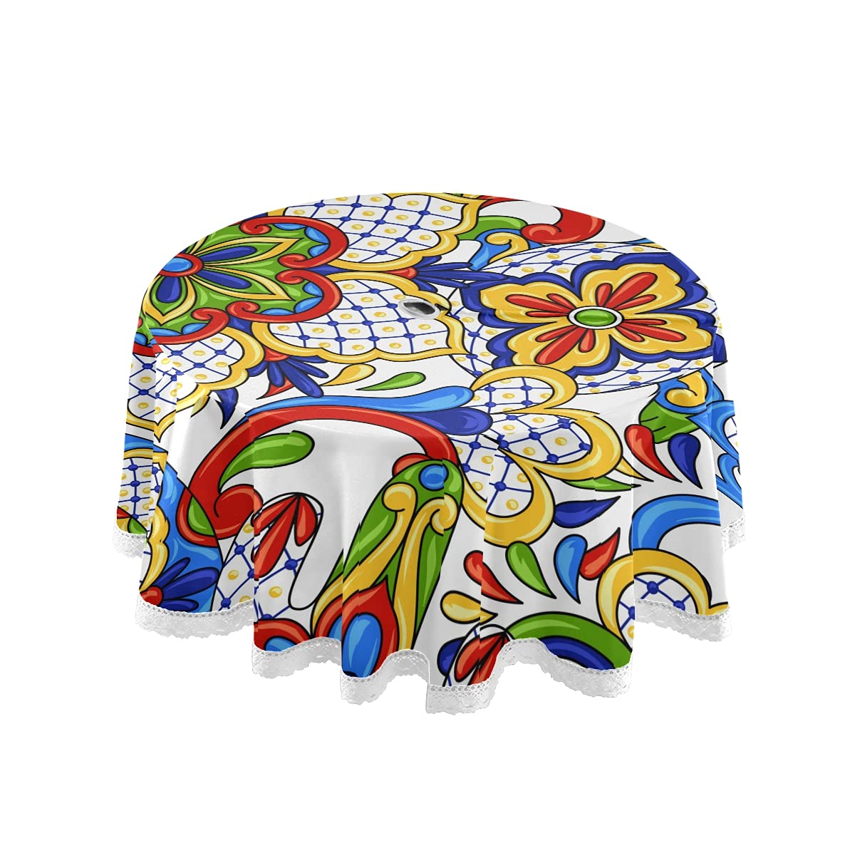 Mexican Talavera Outdoor Round Tablecloth - Waterproof Polyester 60-Inch Table Cover with Umbrella Hole & Zipper - Perfect for Kitchen, Picnic, Party, and Patio Decorations