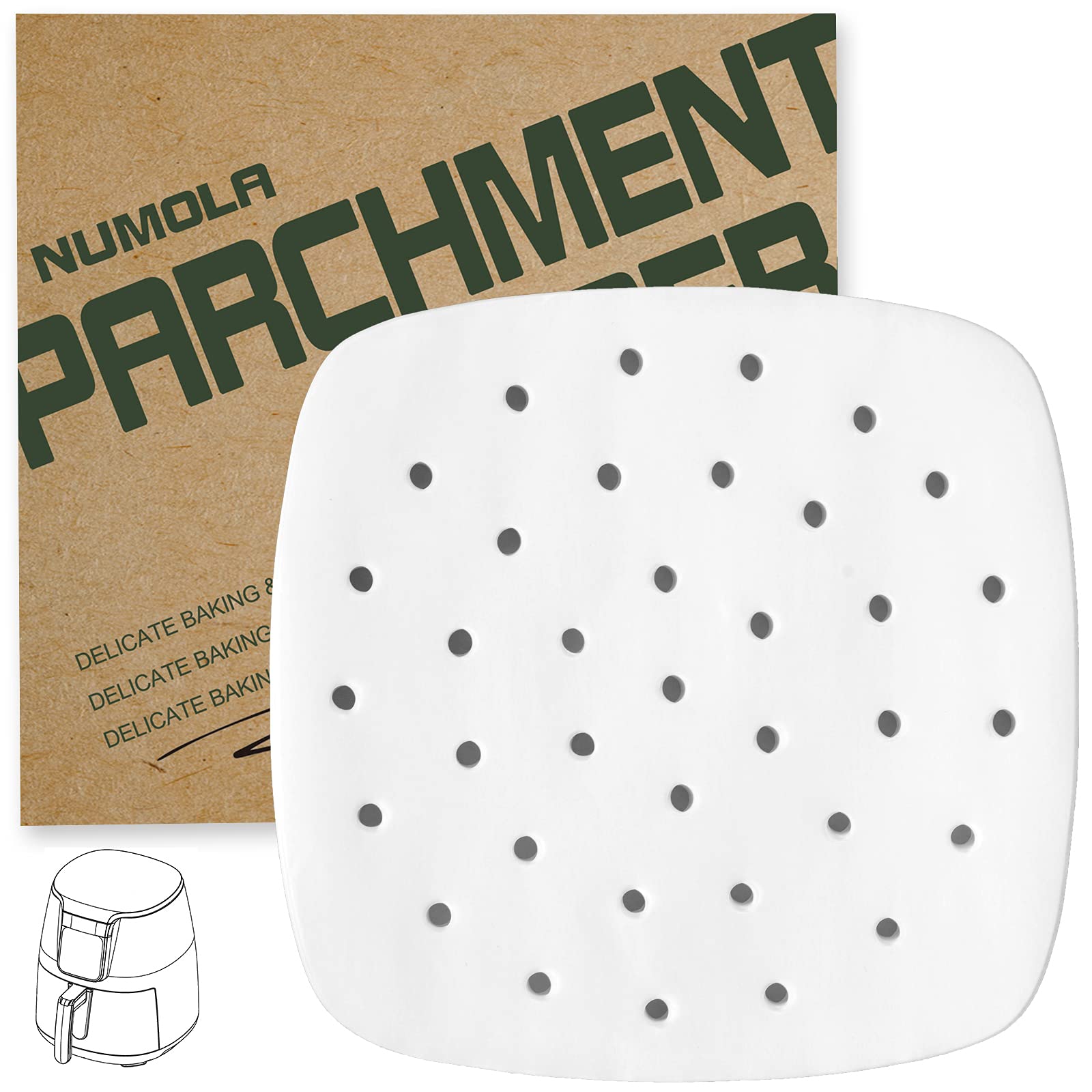 Numola 100 Pcs 10-Inch Disposable Air Fryer Liners - Perforated Parchment Paper Sheets for Baking, Non-Stick Steamer Liners for Oven, Microwave & Steaming Basket - Perfect for Healthy Cooking & Meal Prep