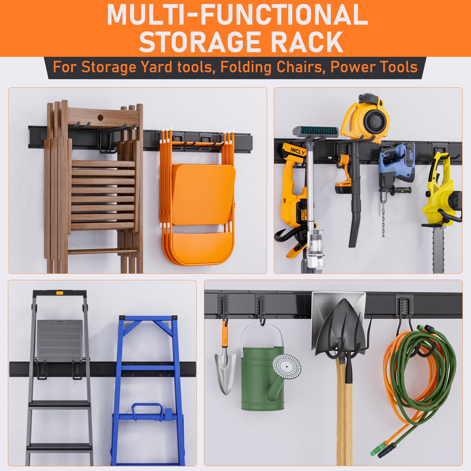 INCLY 64-Inch Heavy Duty Garage Wall Organizer with 4 Storage Racks & 9 Adjustable Hooks - Holds 480lbs for Yard Tools, Shovels, Rakes - Perfect for Garage, Shed & Workshop Organization