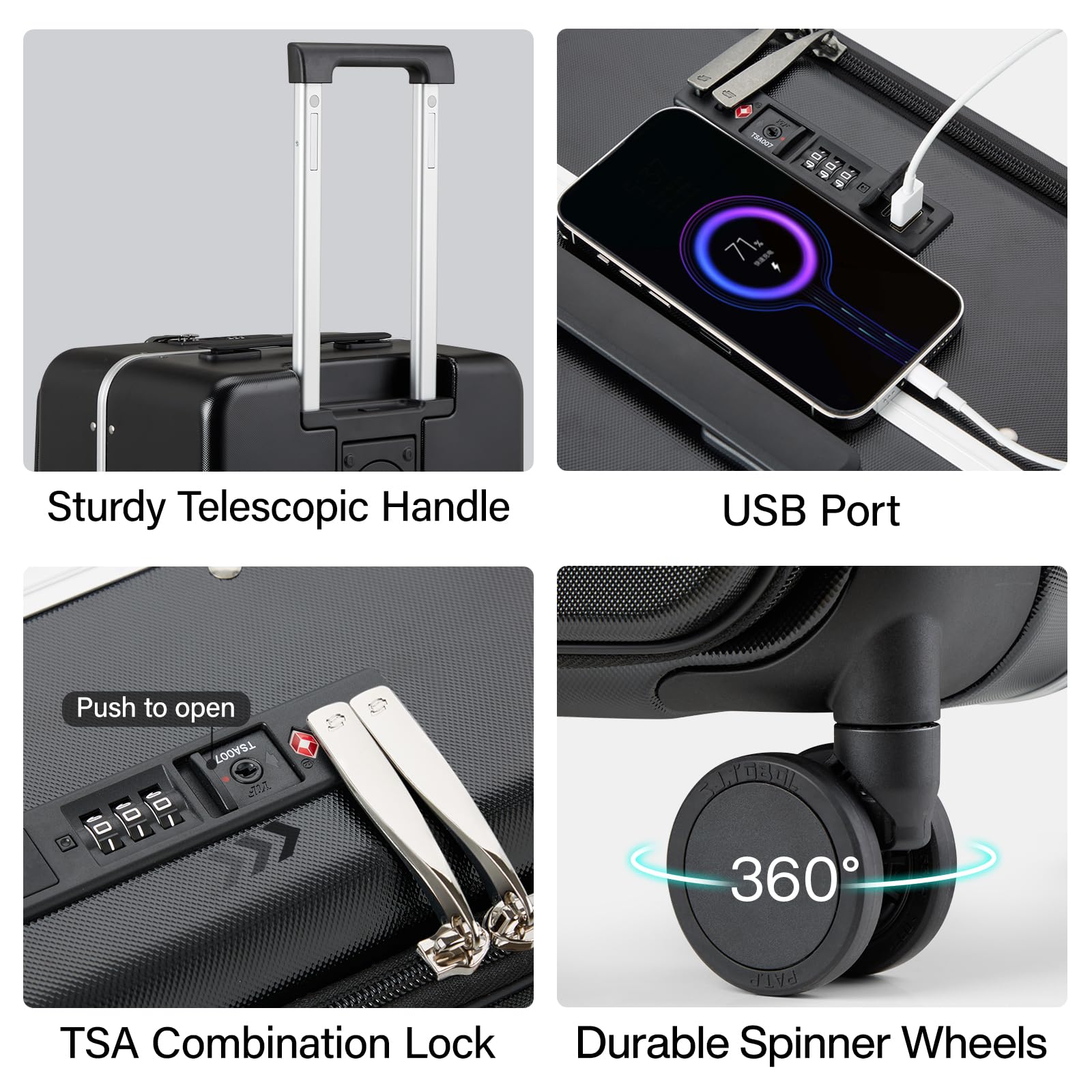 Hanke 20 Inch Carry On Luggage - Airline Approved Hard Shell Suitcase with TSA Lock, Spinner Wheels & Built-in Cup Holder (22x14x9 Inches) - Perfect for Business Travel & Weekend Getaways - Jet Black