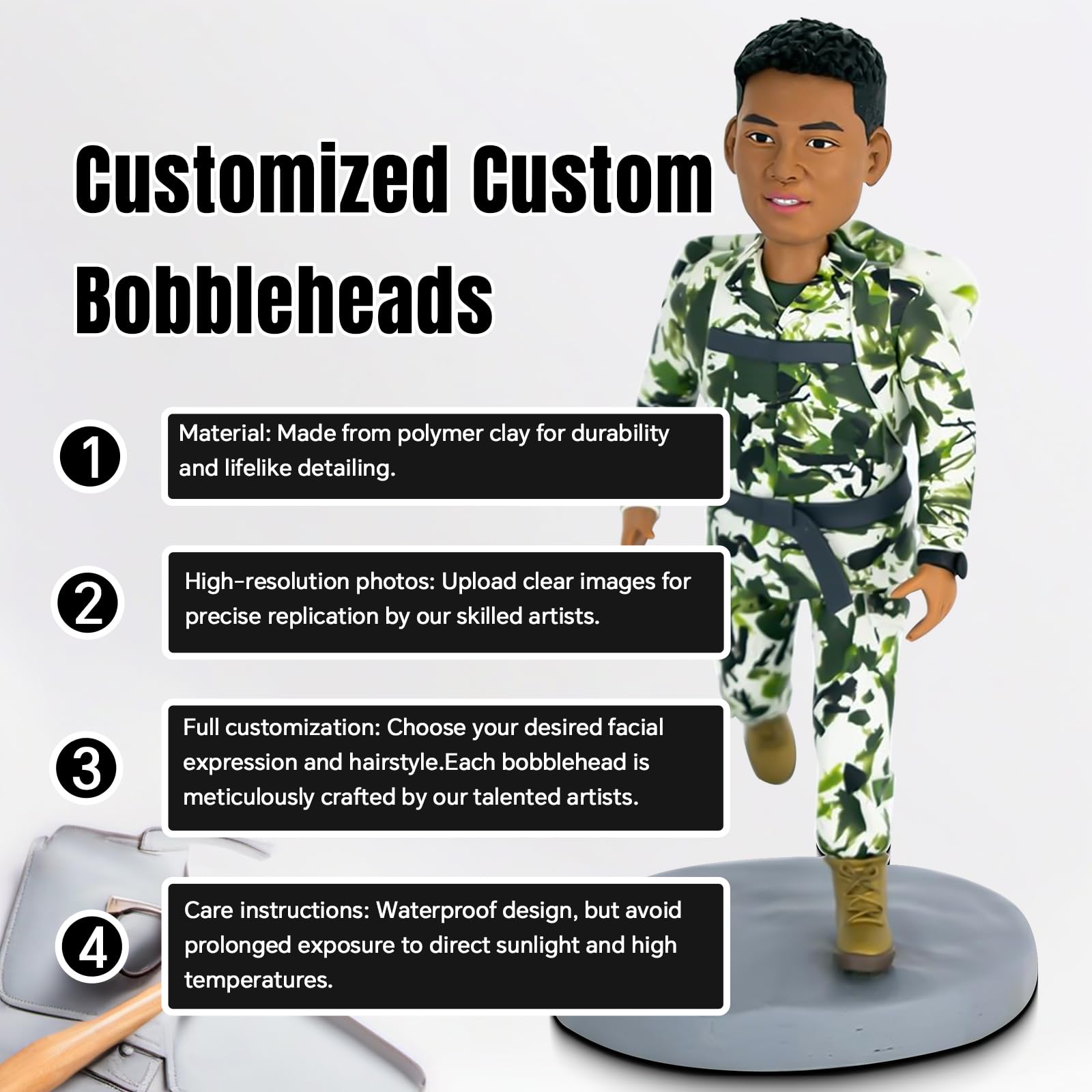 Custom Military Bobblehead - Personalized Army Figure Gift for Boyfriend, Dad, Husband | Unique Birthday, Anniversary, Retirement Present | Fun Home & Office Decoration