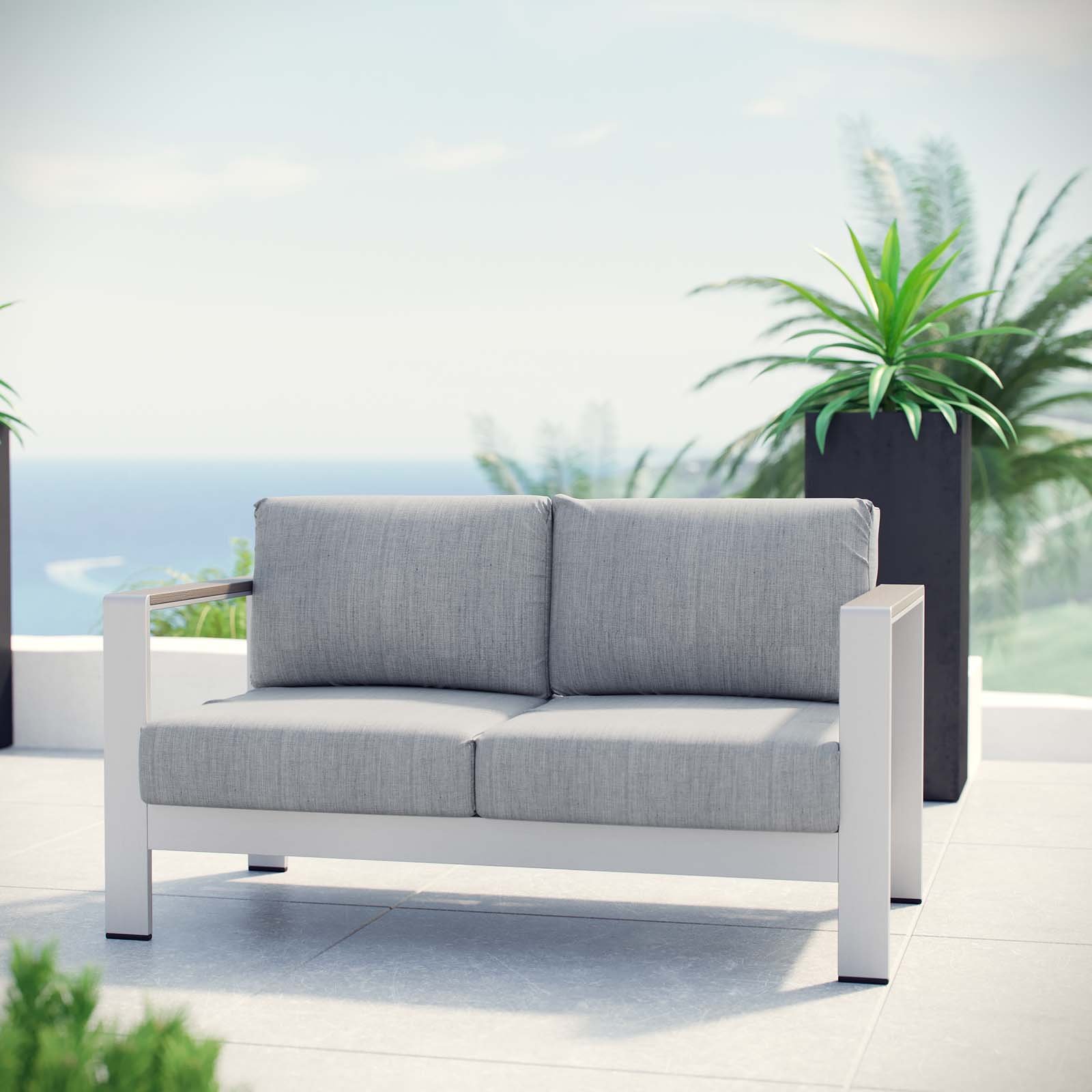 Modern Outdoor Patio Loveseat Sofa - Grey Fabric & Aluminum Frame - Perfect for Balcony, Garden, or Poolside Relaxation