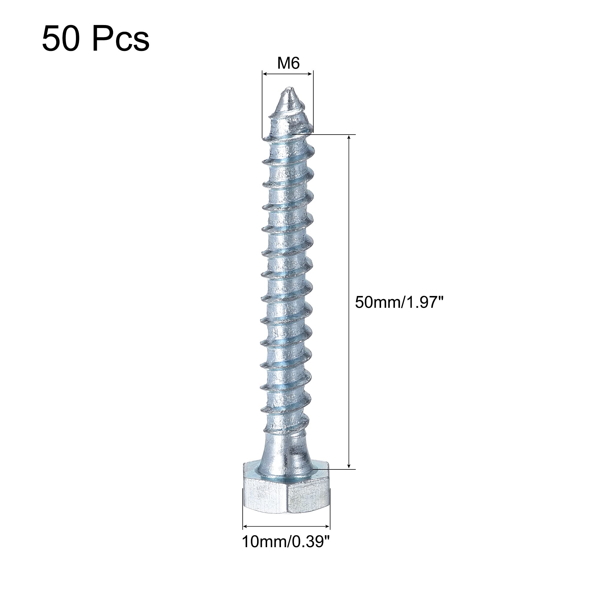 Hex Lag Screws M6 x 50mm Zinc Plated Self-Tapping Bolts for Wood - 50Pcs - Perfect for Furniture & Decking