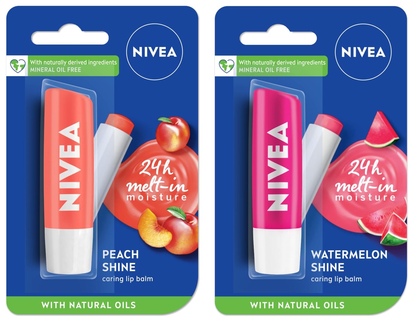 NIVEA Lip Balm Set - Fruity Peach & Watermelon Shine, 4.8g Each, Hydrating & Nourishing Lip Care for Dry Lips | Perfect for Daily Use, Travel & On-The-Go Moisturization