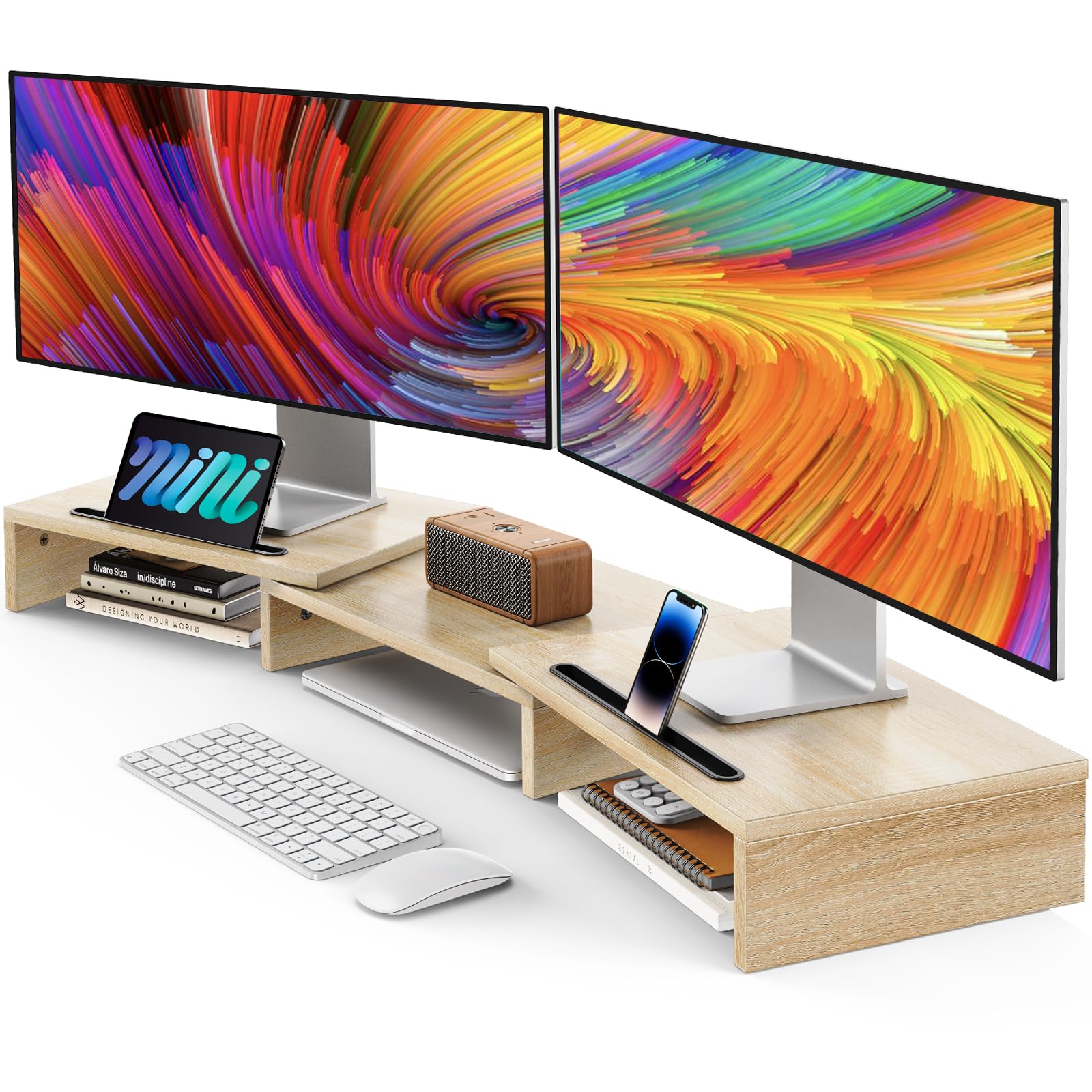 AMERIERGO Dual Monitor Stand Riser - Adjustable 3 Shelf Computer Desk Organizer with Extra Slots for PC, Laptop, Home & Office Workspace (Light Wood) - Perfect for Ergonomic Setup and Clutter-Free Workspace
