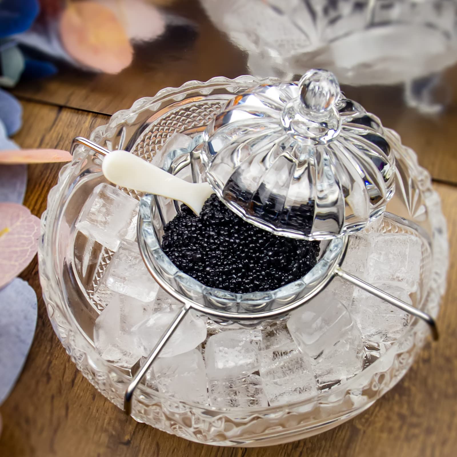 Premium Caviar Serving Set - 1 Glass Divided Bowl & 2 Mother of Pearl Spoons - Elegant Appetizer Dish for Seafood, Shrimp, Sushi - Perfect for Dinner Parties, Restaurants & Catering Events