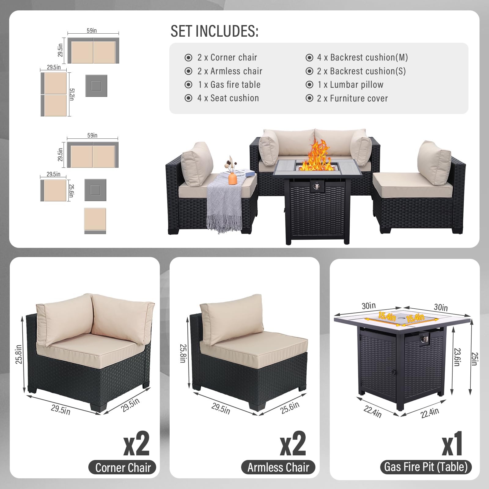 Outdoor PE Wicker 5-Piece Patio Furniture Set - Black Rattan Sectional Sofa with Fire Pit Table & Khaki Cushions | Perfect for Backyard, Garden, Poolside & Outdoor Conversations