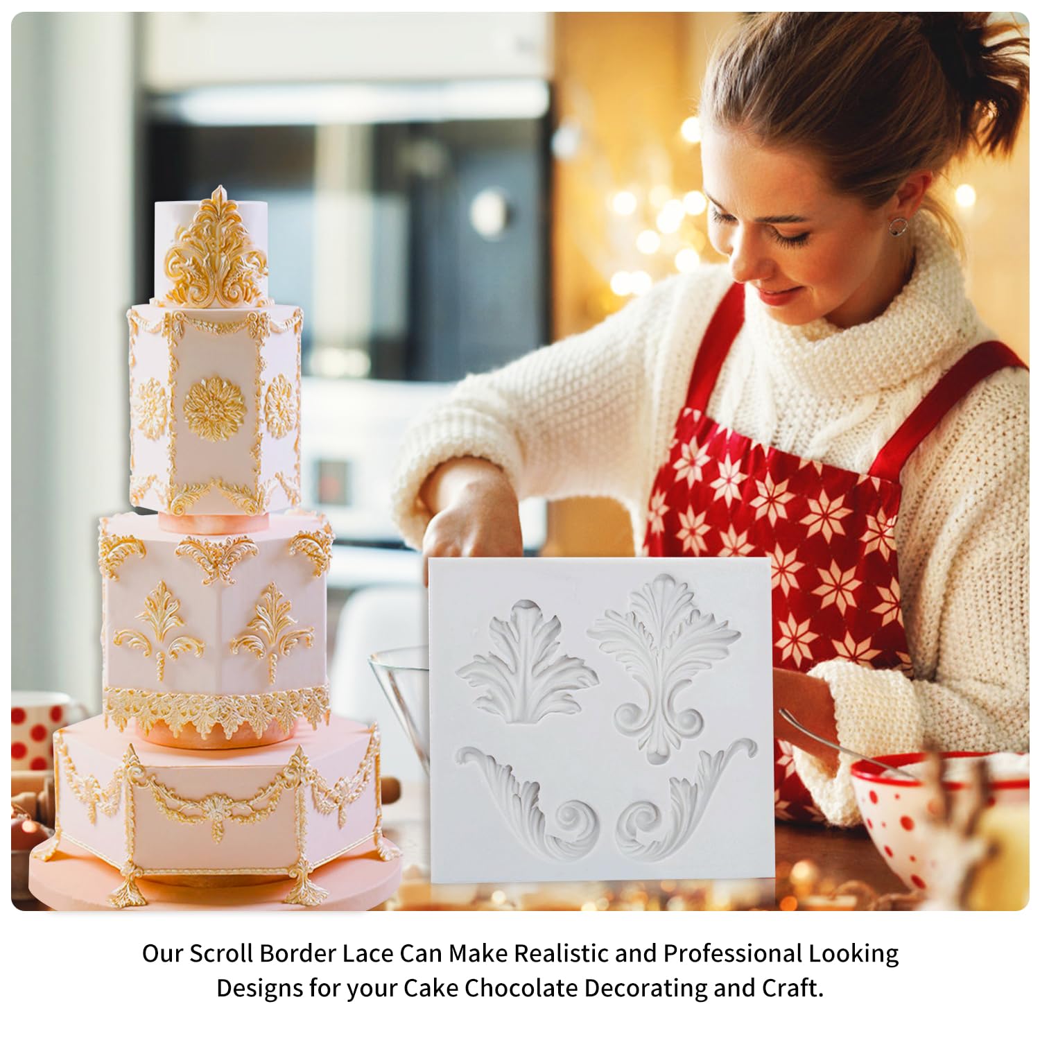 GROWTAIL 5Pcs Baroque Fondant Border Mold Set - Elegant Scroll Lace Silicone Molds for Cake Decorating, Polymer Clay Crafts, DIY Baking Tools - Perfect for Wedding Cakes, Cupcakes & Home Baking Projects