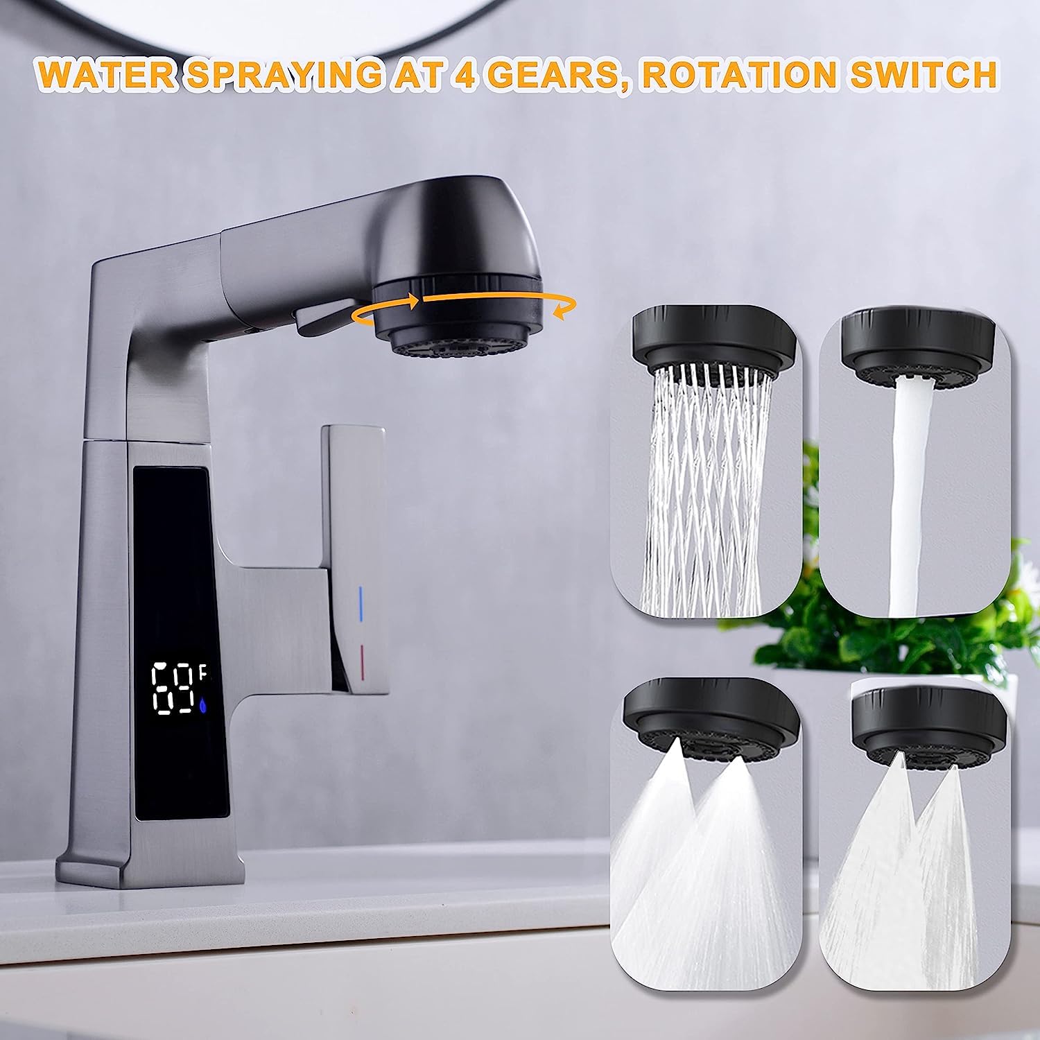 Qeemee LED Bathroom Faucet with Pull Out Sprayer - Grey Digital Temperature Display Sink Faucet with 5 Water Flow Modes, Single Handle RV Vanity Faucet for 1 or 3 Hole Installation - Perfect for Modern Bathrooms, Kitchen Sinks, and RV Living Spaces