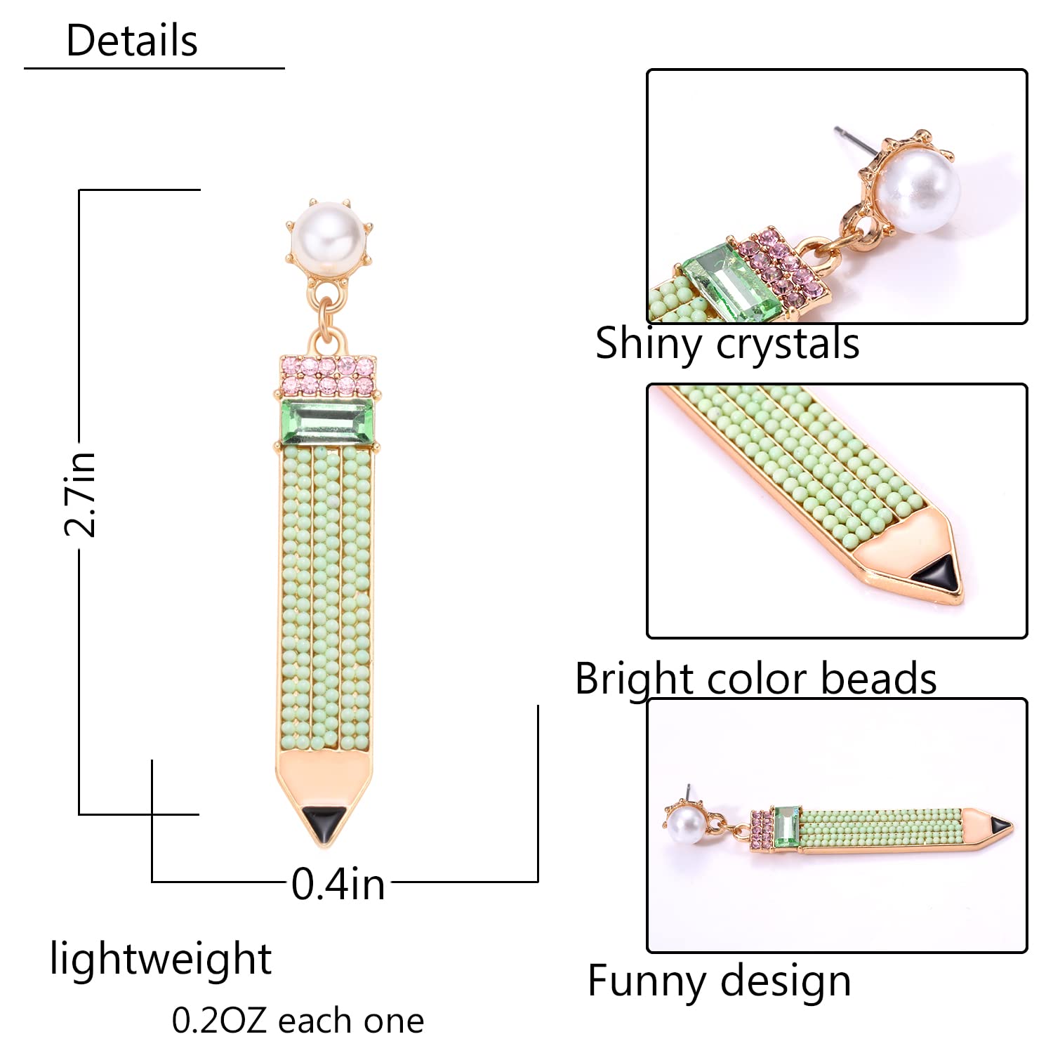 2 Pairs Hypoallergenic Pencil Earrings for Women - Beaded Pearl Teacher Dangle Earrings & Cute Student Stud Drop Earrings - Perfect for Teacher Appreciation Day, Back to School Jewelry Gifts - Great for Classroom, Graduation and School Events