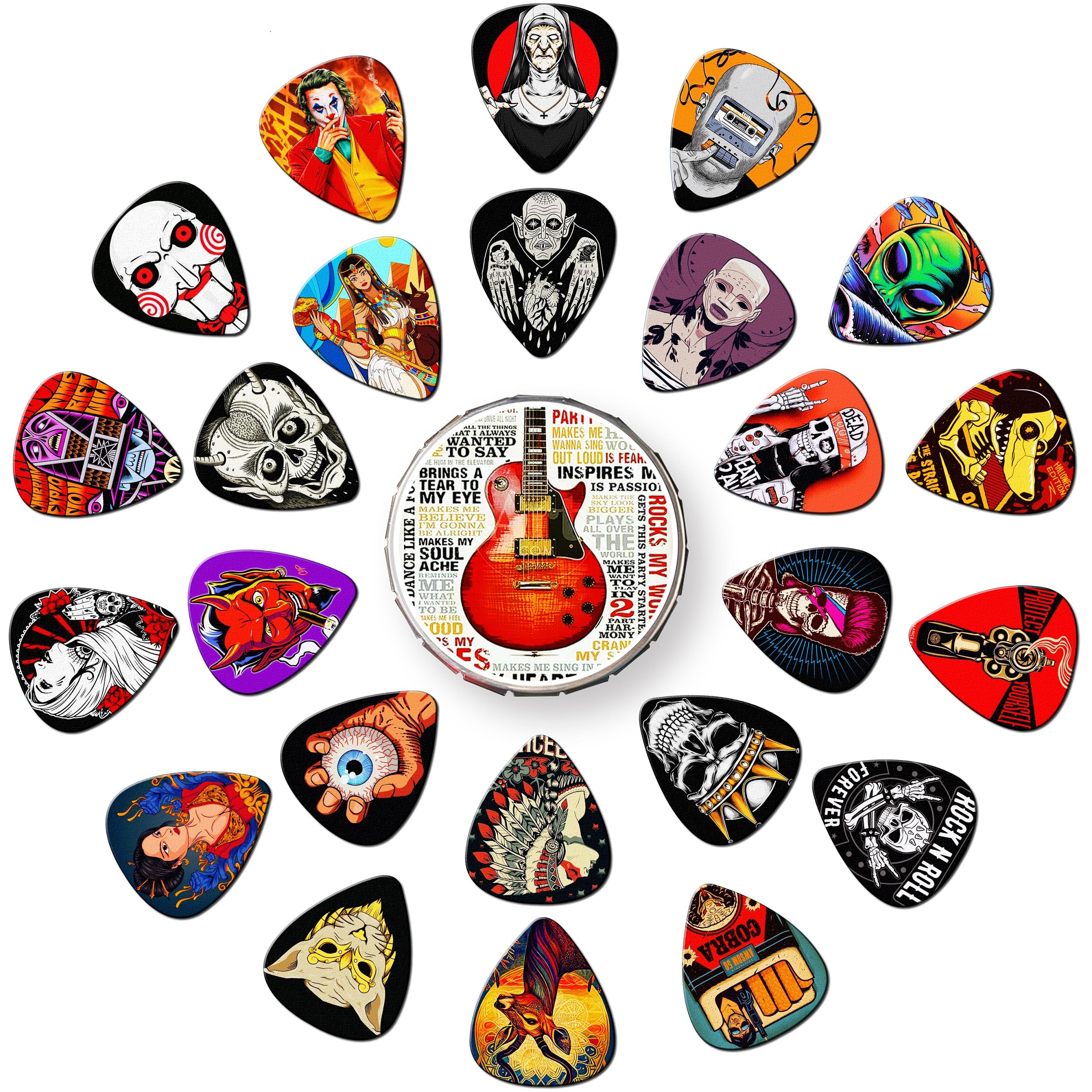 **24-Pack Guitar Picks Variety Set - Thin, Medium, Heavy (0.46mm, 0.71mm, 0.96mm, 1.20mm) with Tin Box - Perfect for Acoustic, Electric Guitar, Bass & Ukulele - Ideal for Beginners & Professionals**