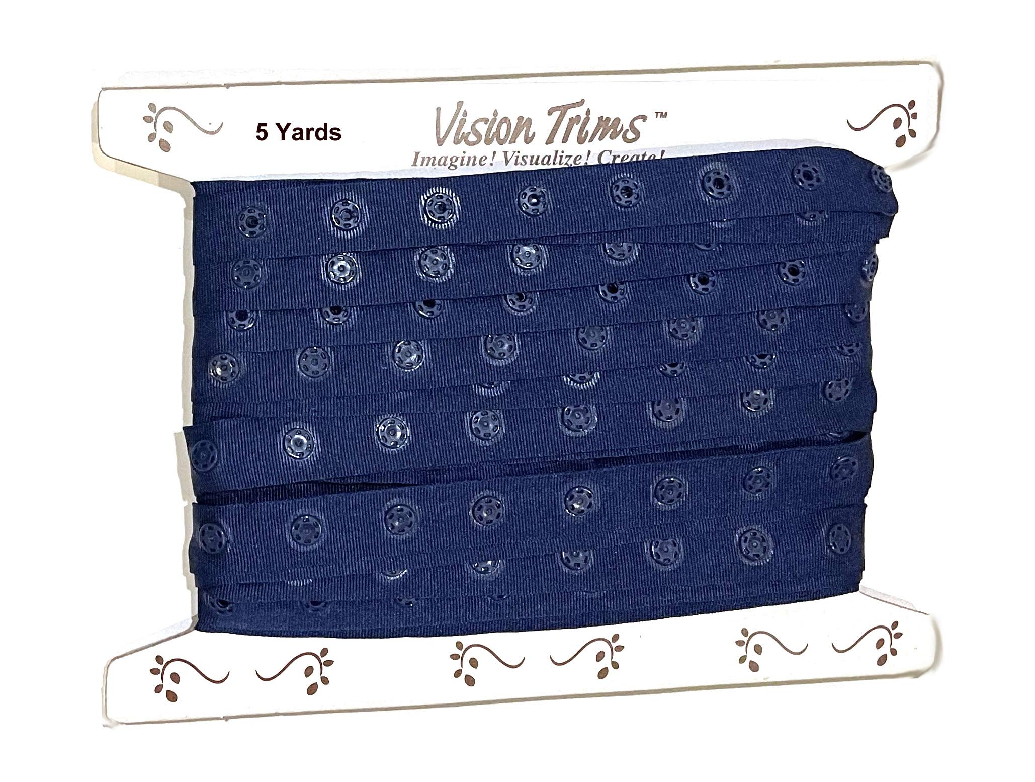 5 Yards Navy Blue Plastic Snap Button Polyester Tape Ribbon - Hook & Eye Fastener for Baby Clothes, Duvet Sewing, Renaissance Costumes & Lingerie - Strong Press Studs for DIY Crafts, Dance Costumes and Home Decor Projects