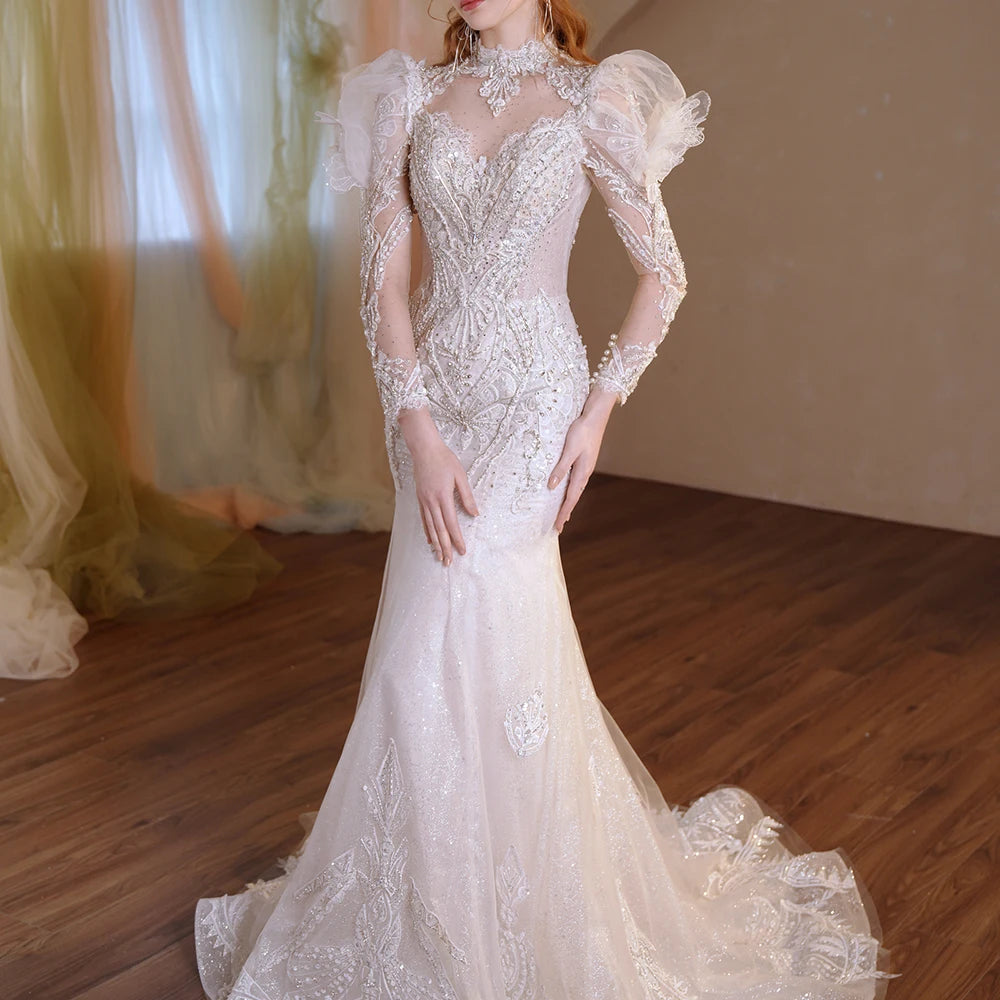 Elegant O-Neck Long Sleeve Wedding Gown with Tiered Bow & Sequins - Perfect for Bridal Ceremonies, Vow Renewals, and Formal Events