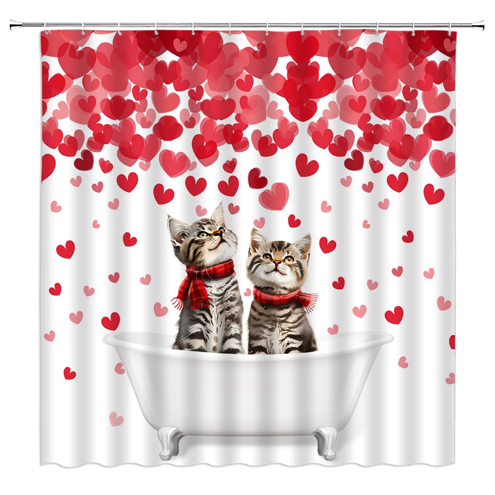 Cute Cat in Bathtub Valentine's Day Shower Curtain - Romantic Funny Sweet Holiday Fabric Bathroom Decor Set with Hooks - Perfect for Couples' Bathroom, Anniversary Gift & Home Decor
