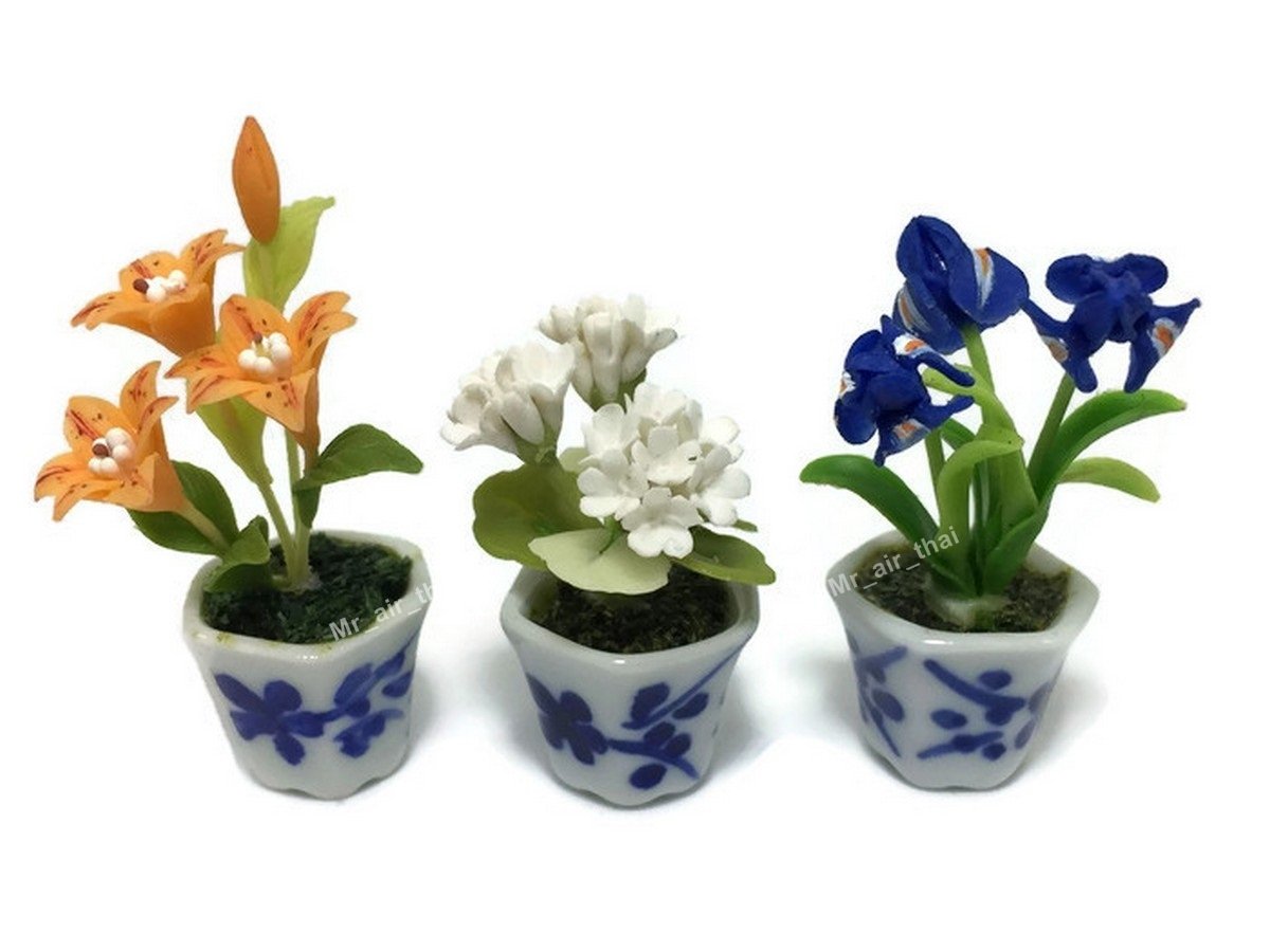 3pc Miniature Clay Flower Dollhouse Fairy Garden Decor - Ceramic Painted Mini Plant Trees & Artificial Orchid Flowers #056 - Perfect for Fairy Gardens, DIY Crafts, and Home Decor
