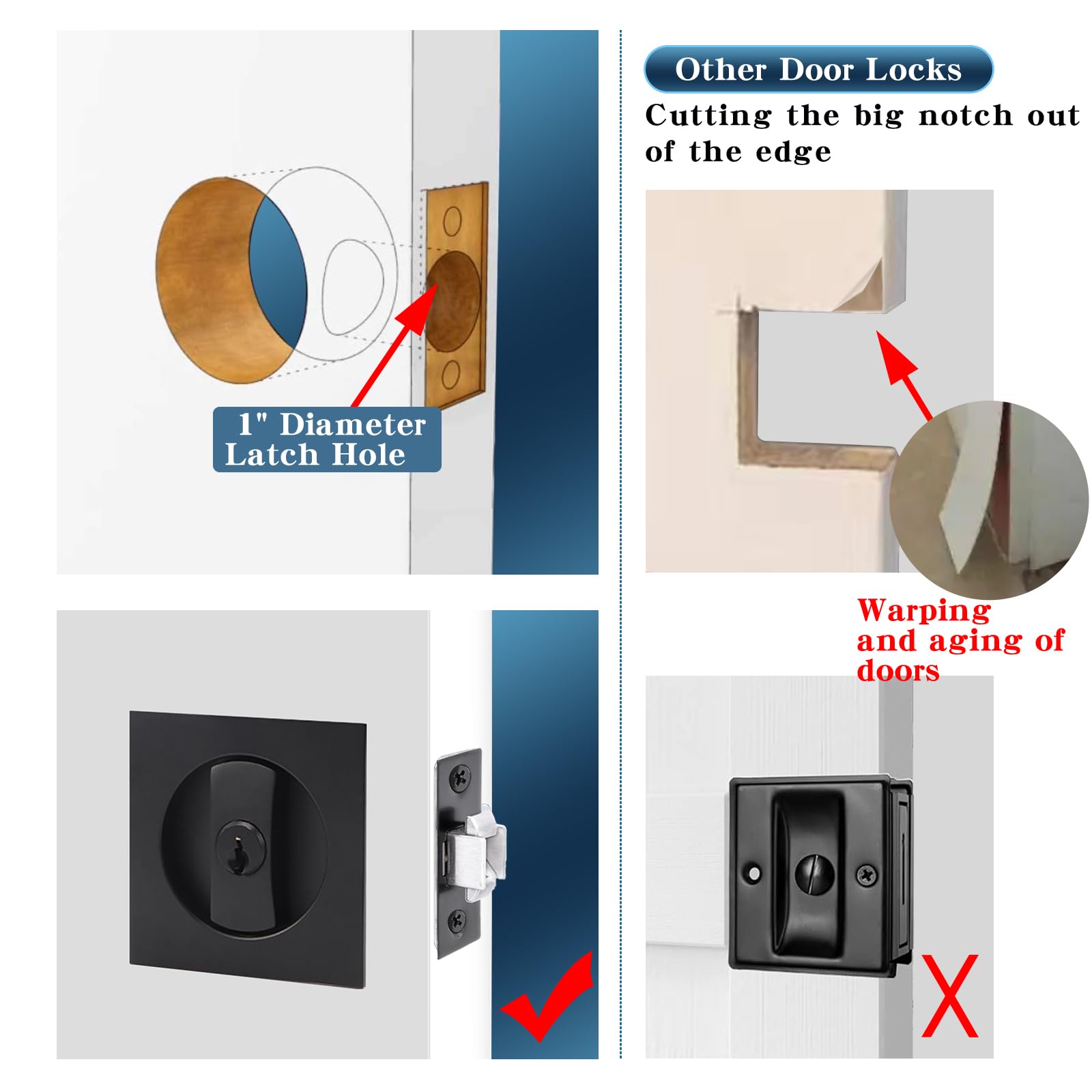2 Pack Matte Black Pocket Door Lock with Key - Contemporary Sliding Barn Door Latch, Recessed 2-Sided Design, 2 3/8