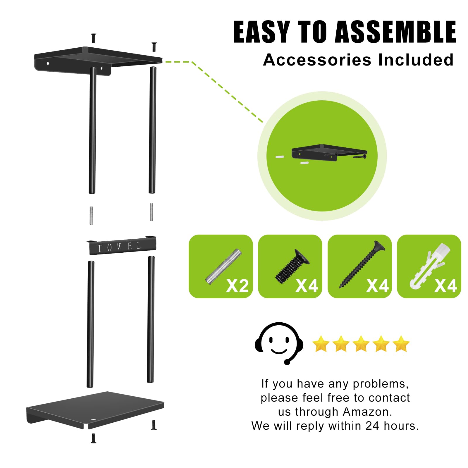 30 Inch Wall Mounted Bathroom Towel Rack with Shelf - Holds 6 Large Rolled Towels, Space Saving Black Towel Holder for Bath, Spa & Laundry Room Organization