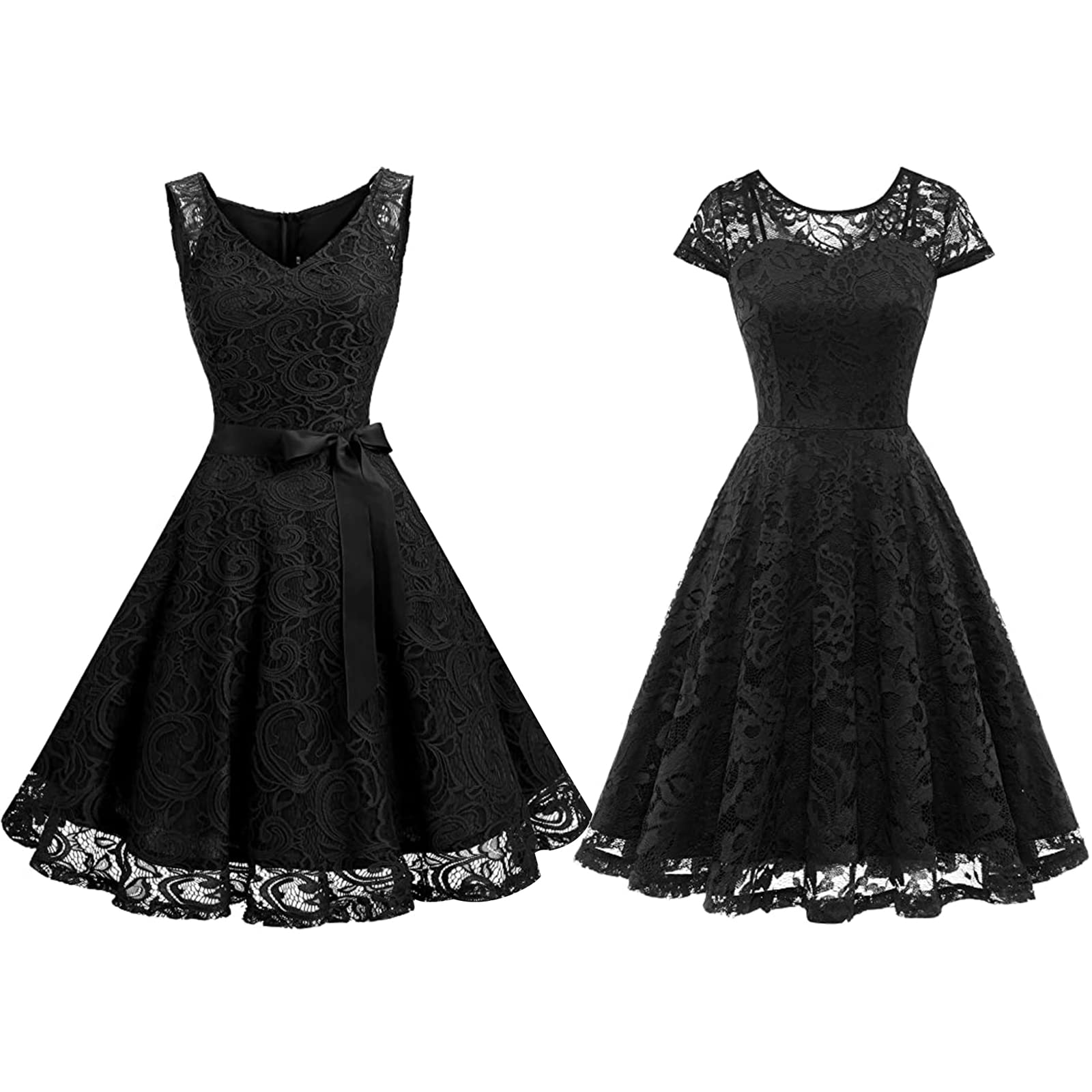 Elegant Black Sleeveless Lace Cocktail Dress & Cap Sleeve Party Dress Bundle - Perfect for Evening Events, Weddings, and Special Occasions