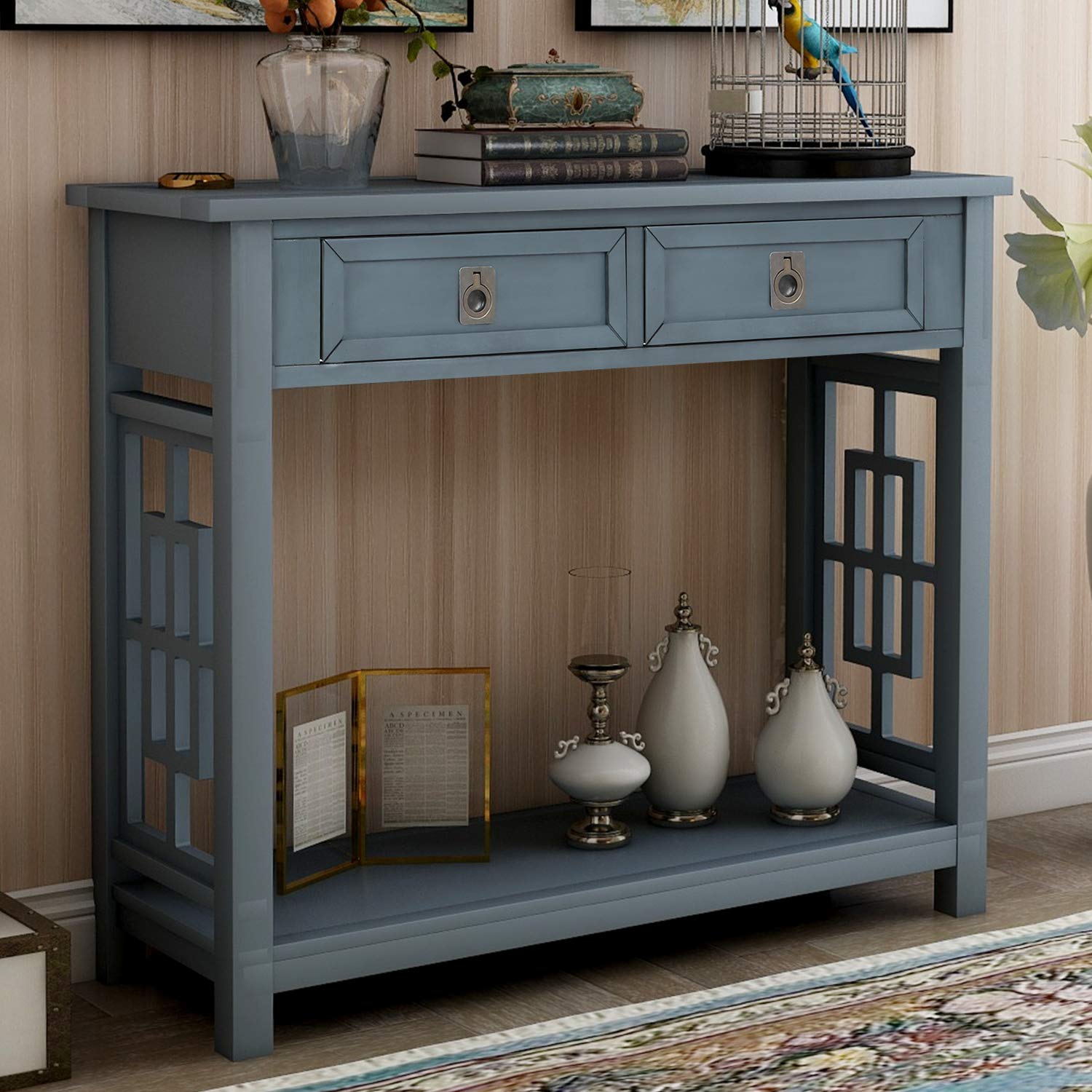 Antique Navy Sofa Table with 2 Drawers & Bottom Shelf - Versatile Couch Table, Bedside Table, Coffee Table & Entryway Console Table for Living Room, Bedroom & Hallway Decor