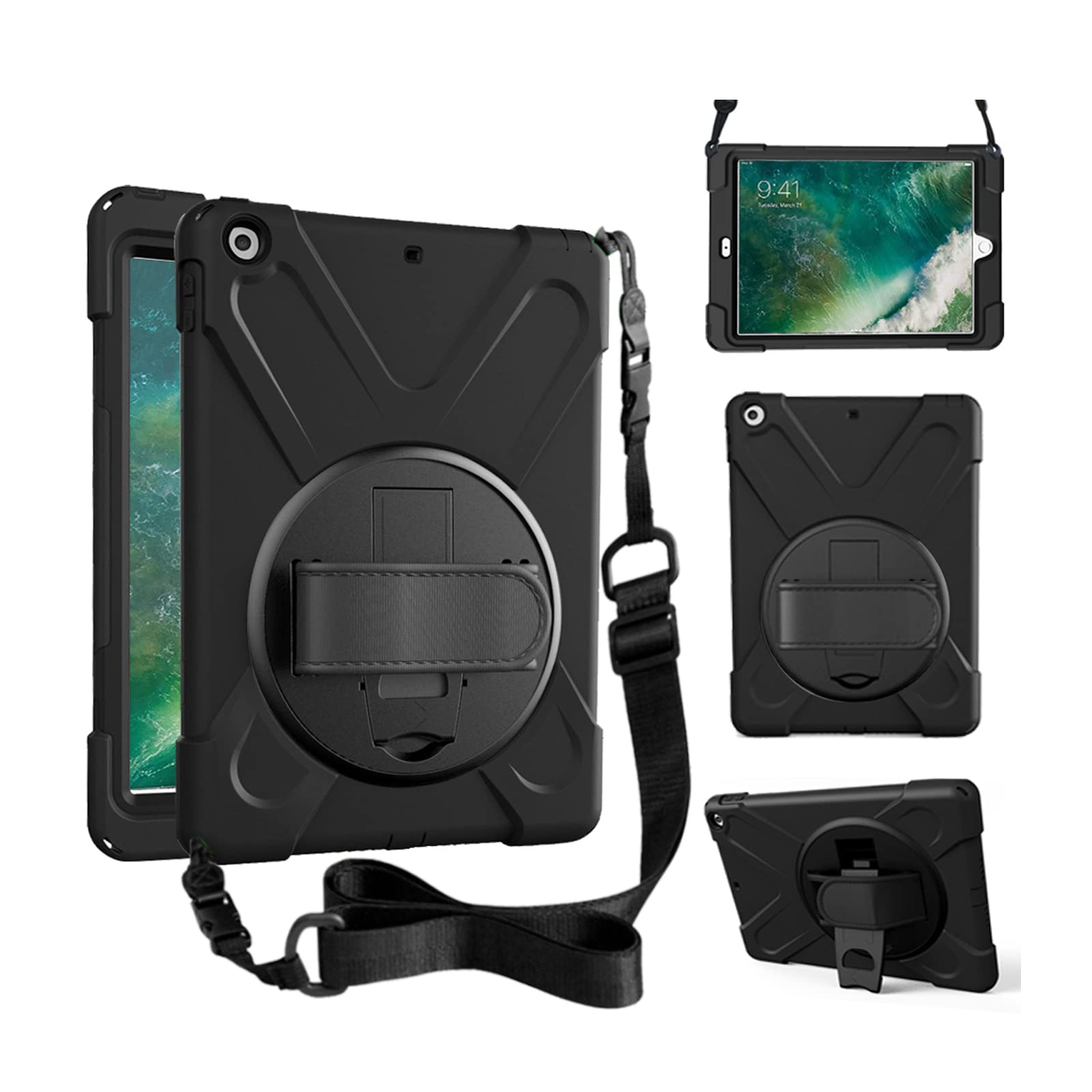 ZenRich Heavy Duty Shockproof Case for iPad 5th/6th Generation (9.7-inch 2017/2018 Models A1822/A1823/A1893/A1954) - Rotatable Kickstand, Hand Strap & Shoulder Strap - Perfect for Travel, Work & School - Black