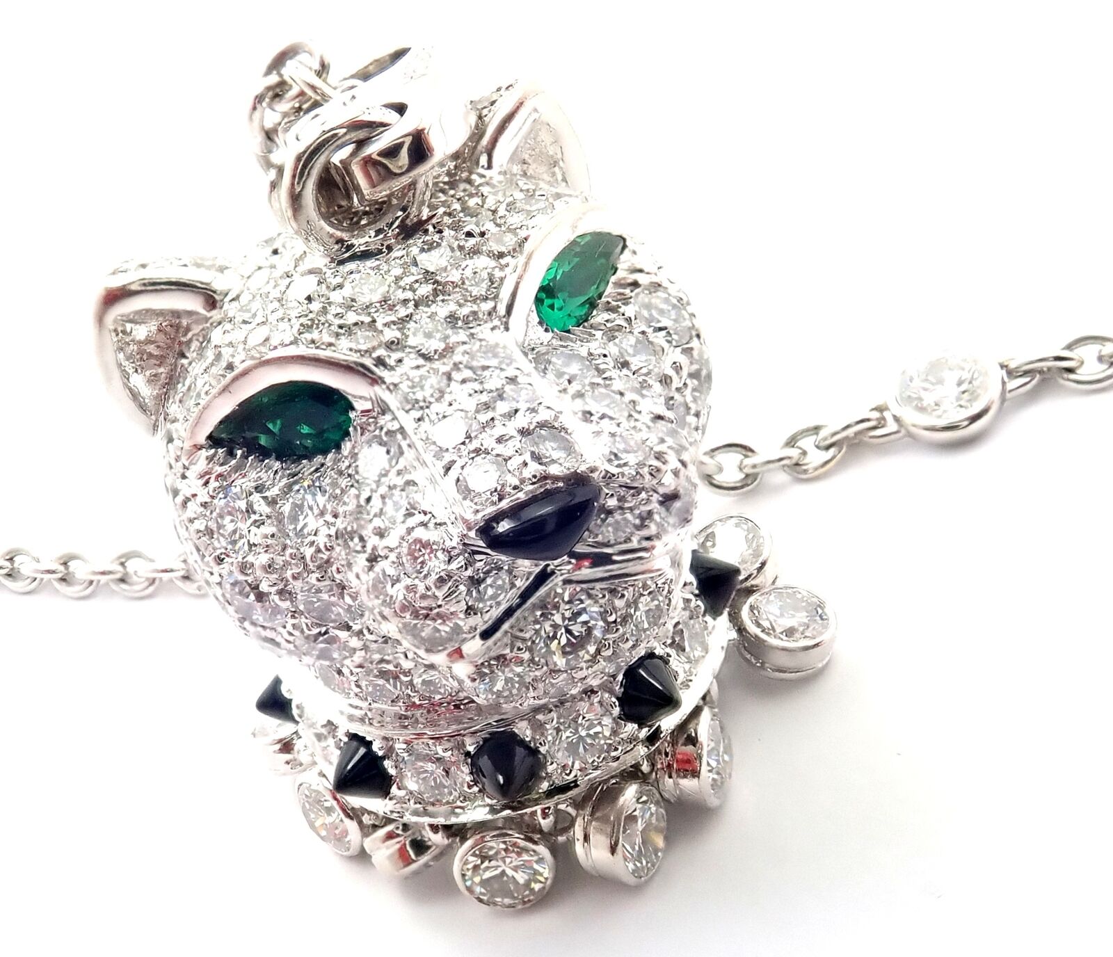 Authentic Cartier Panther 18k White Gold Diamond Emerald Onyx Pendant Necklace - Luxury Jewelry Gift for Women, Perfect for Weddings & Special Occasions