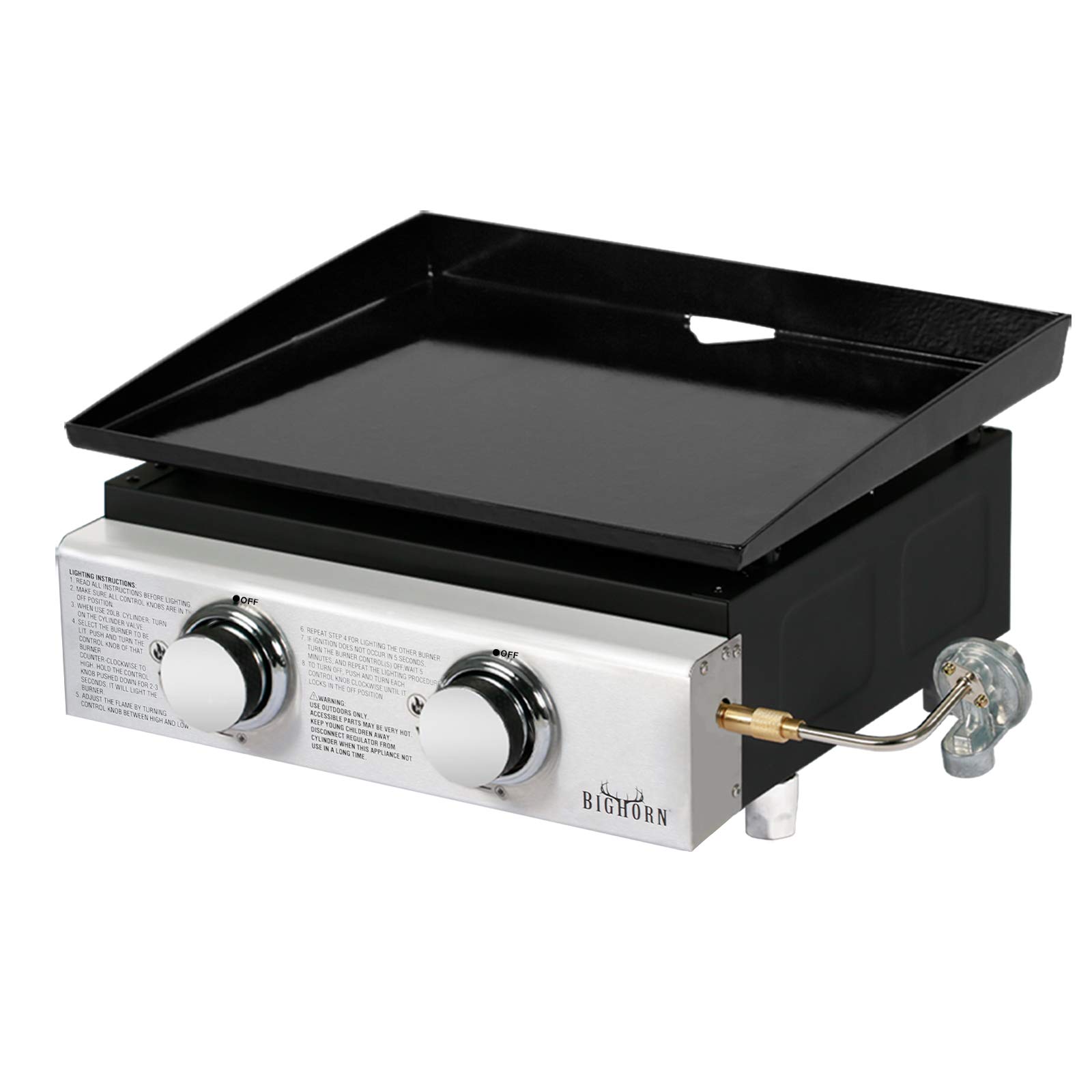 BIG HORN OUTDOORS 18 Inch Portable Gas Grill with 2 Burners - Tabletop Propane Griddle Flat Top Grill with Enamel Pan for Outdoor Cooking, Camping, Picnics, Tailgating & Backyard BBQs