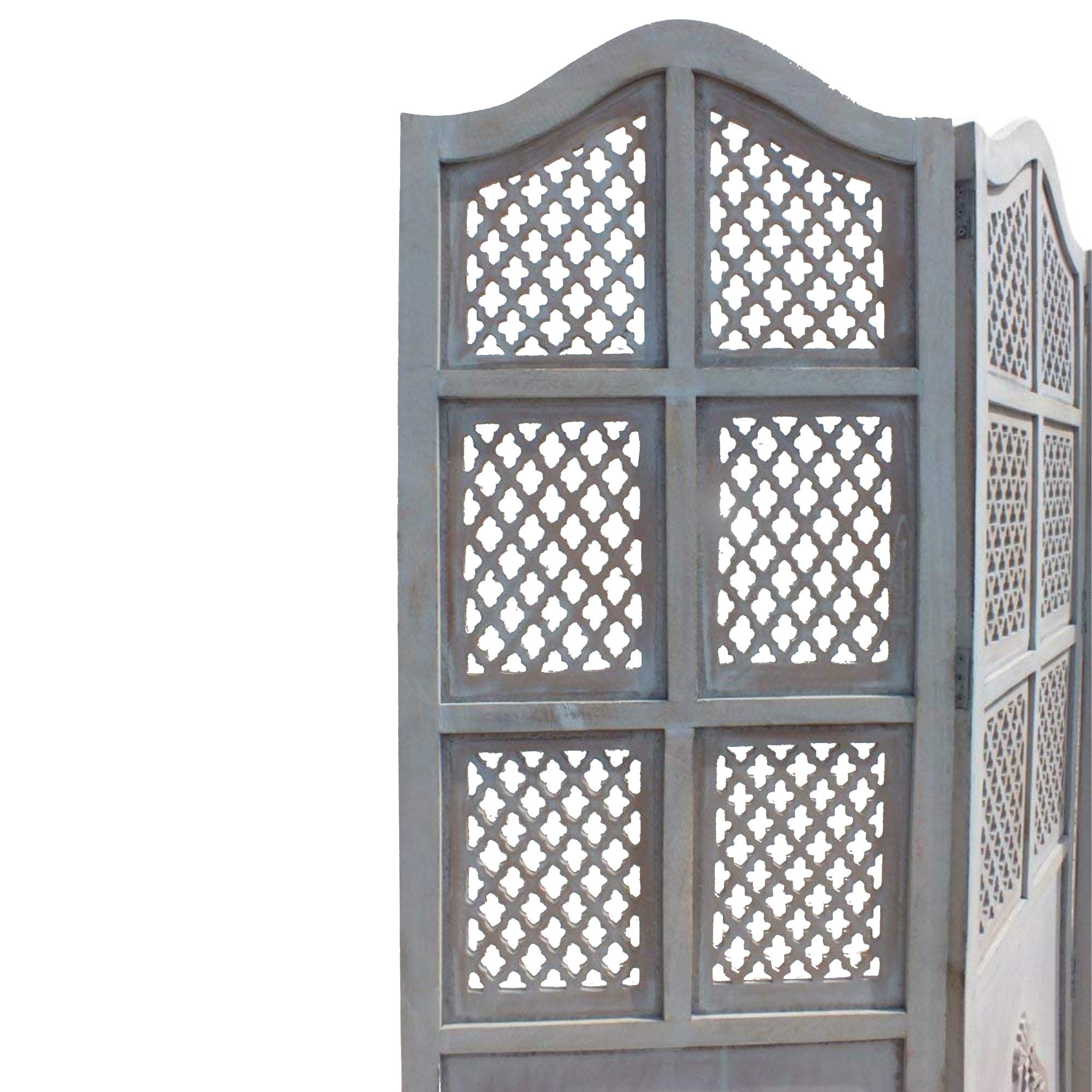 TUP The Urban Port 3-Panel Wooden Room Divider with Traditional Carvings & Cutouts - Blue Privacy Screen for Home, Office, Studio or Event Decoration