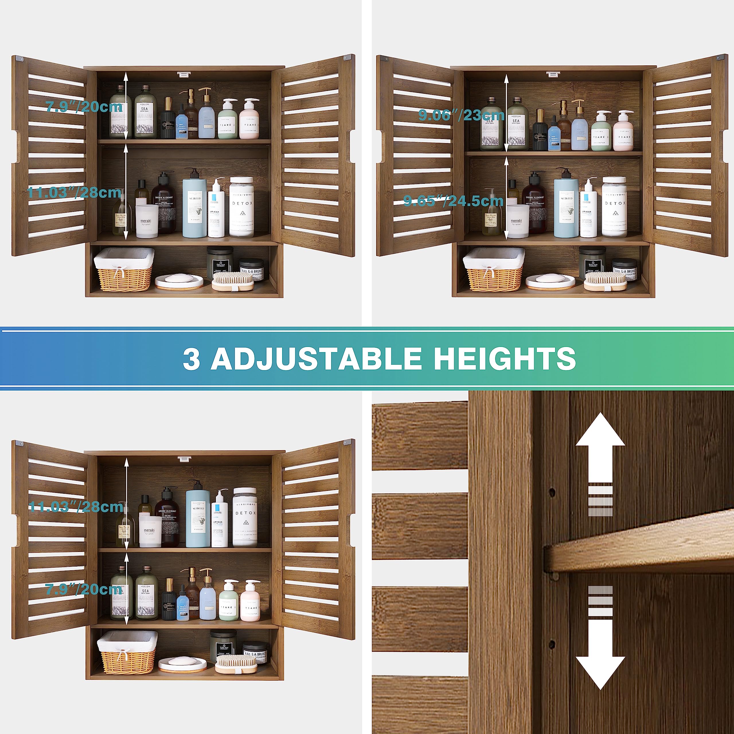 SMIBUY Wall Mounted Bamboo Bathroom Cabinet - Over The Toilet Storage Organizer with 2 Doors & Adjustable Shelves - Space Saving Medicine Cabinet for Bathroom Organization (Walnut) - Perfect for Small Bathrooms, Apartments and RV Living