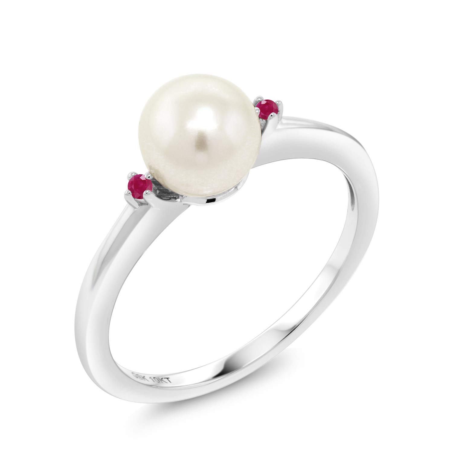 10K White Gold 7mm Cultured Freshwater Pearl & Red Ruby Women's Engagement Ring - Gem Stone King | Perfect for Weddings, Anniversaries & Special Occasions