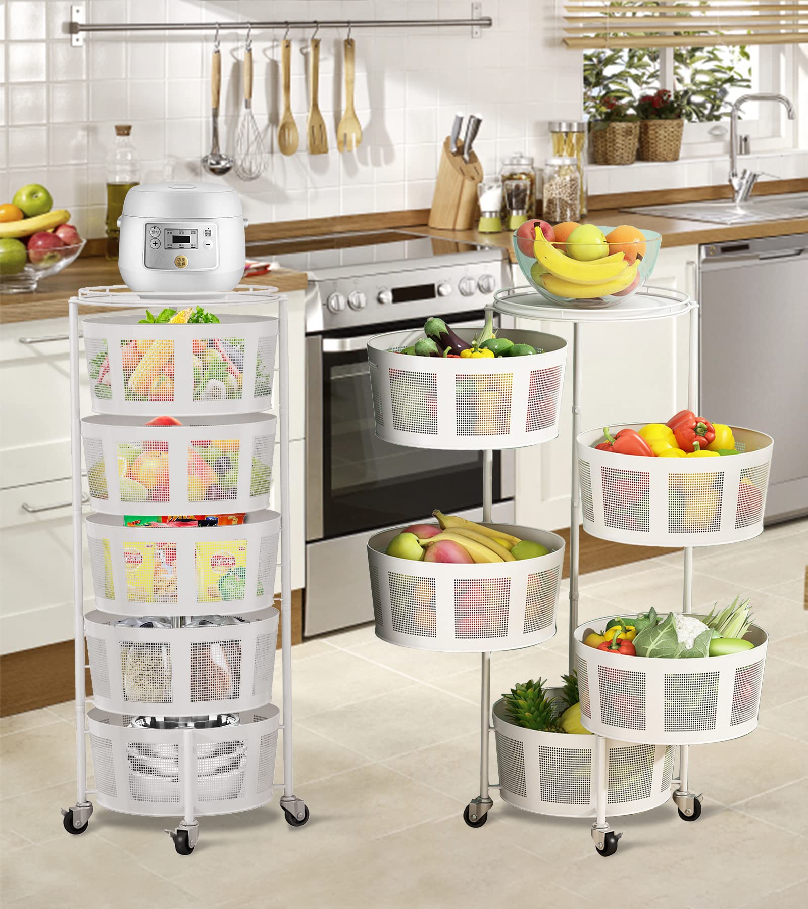 5-Tier Rotating Storage Rack with Metal Shelves - Kitchen Organizer for Fruits, Vegetables & Snacks | Space-Saving Rolling Cart for Pantry, Bathroom & Bedroom Organization | White
