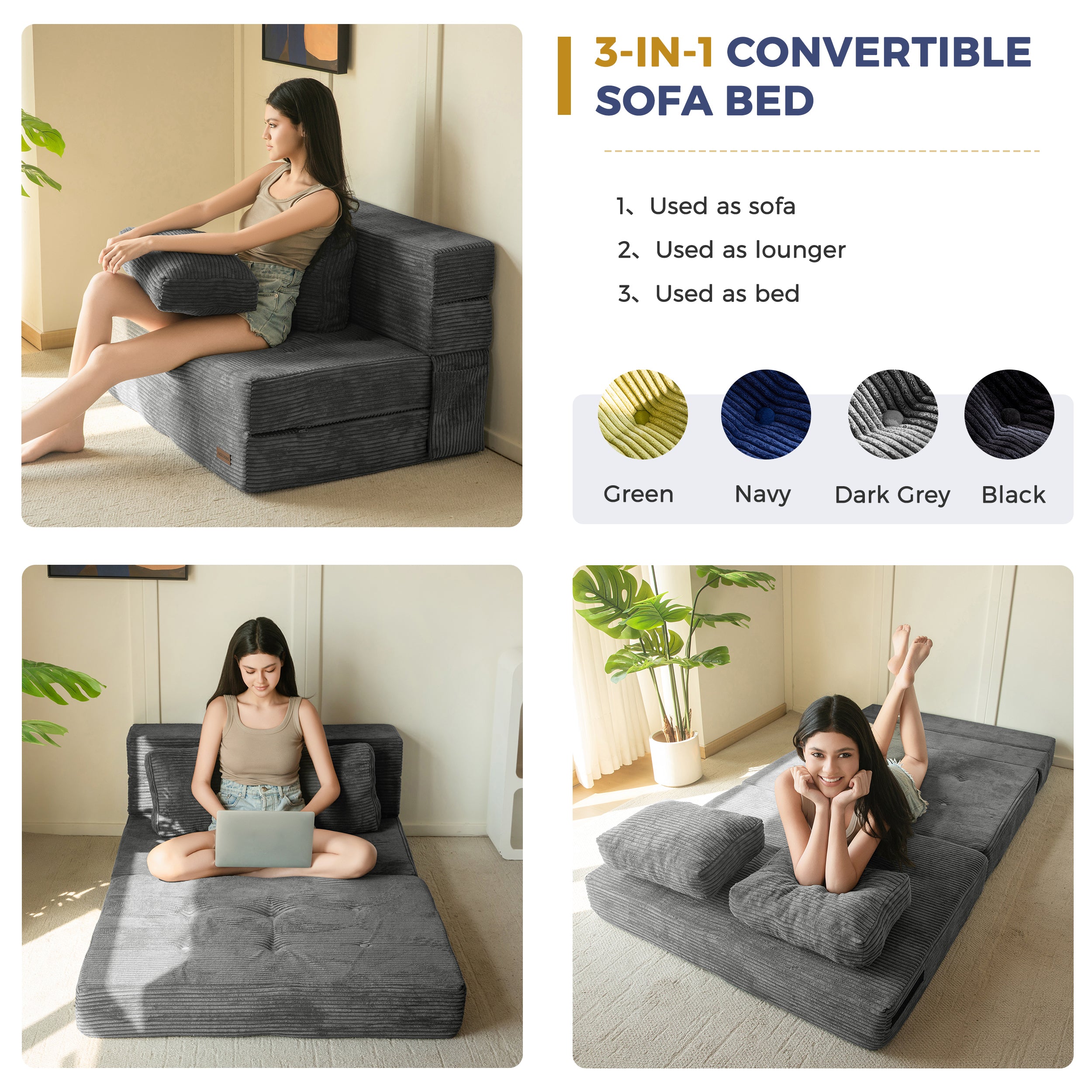 MAXYOYO 3-in-1 Convertible Sofa Bed - Foldable Single Sleeper Sofa with Pillow, Foam Floor Couch & Lazy Chair for Living Room, Bedroom or Guest Room (Dark Grey) | Perfect for Small Spaces, Overnight Guests & Cozy Lounging