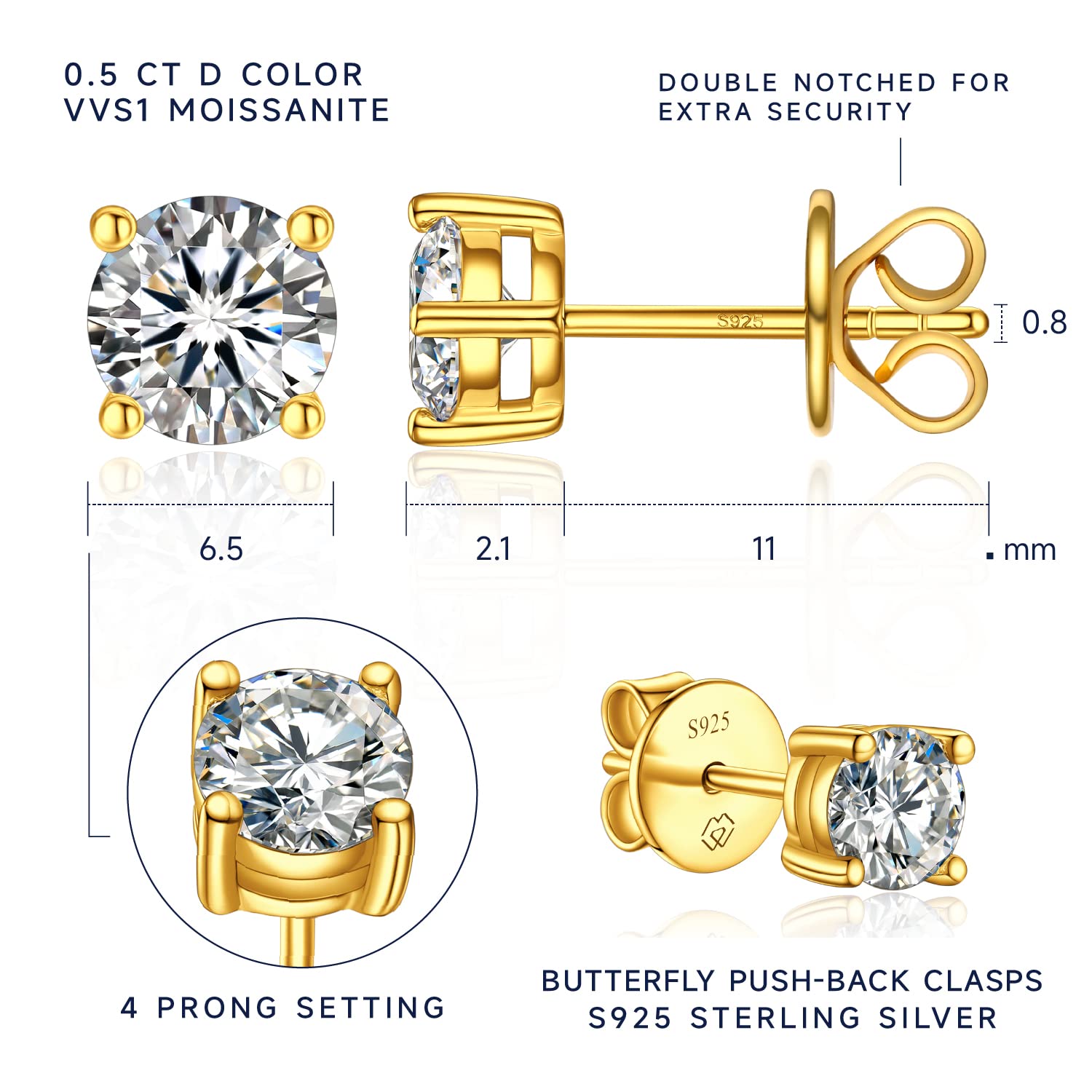14K Gold Plated Moissanite Stud Earrings for Women - 1-2 Carat Lab Created Diamond Earrings in Yellow/Rose Gold & 925 Sterling Silver - Perfect Birthday Gift, Anniversary Present & Everyday Elegance Jewelry