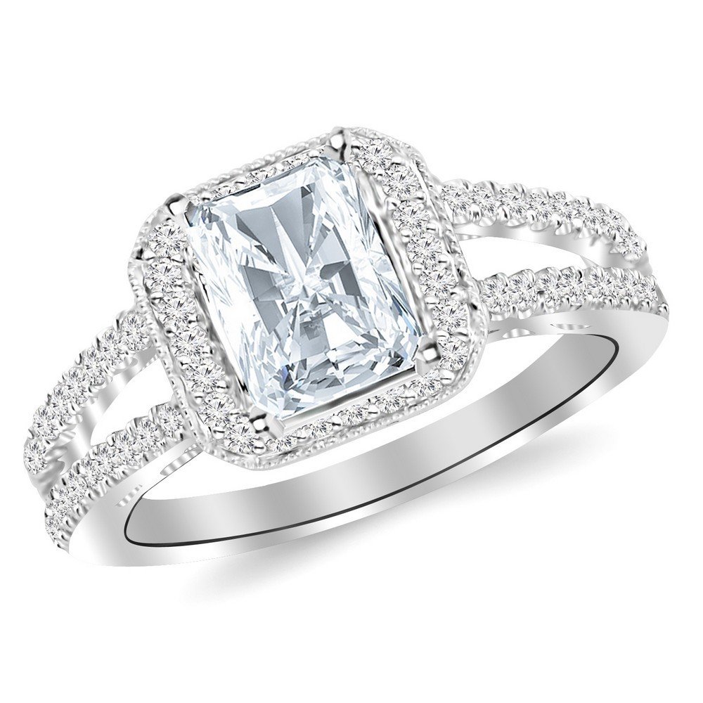 1.5 Carat Radiant Cut Diamond Engagement Ring in 14K White Gold - H-I Color, SI2-I1 Clarity, Split Shank Halo Design with Milgrain Detailing | Perfect for Proposals, Anniversaries & Special Occasions