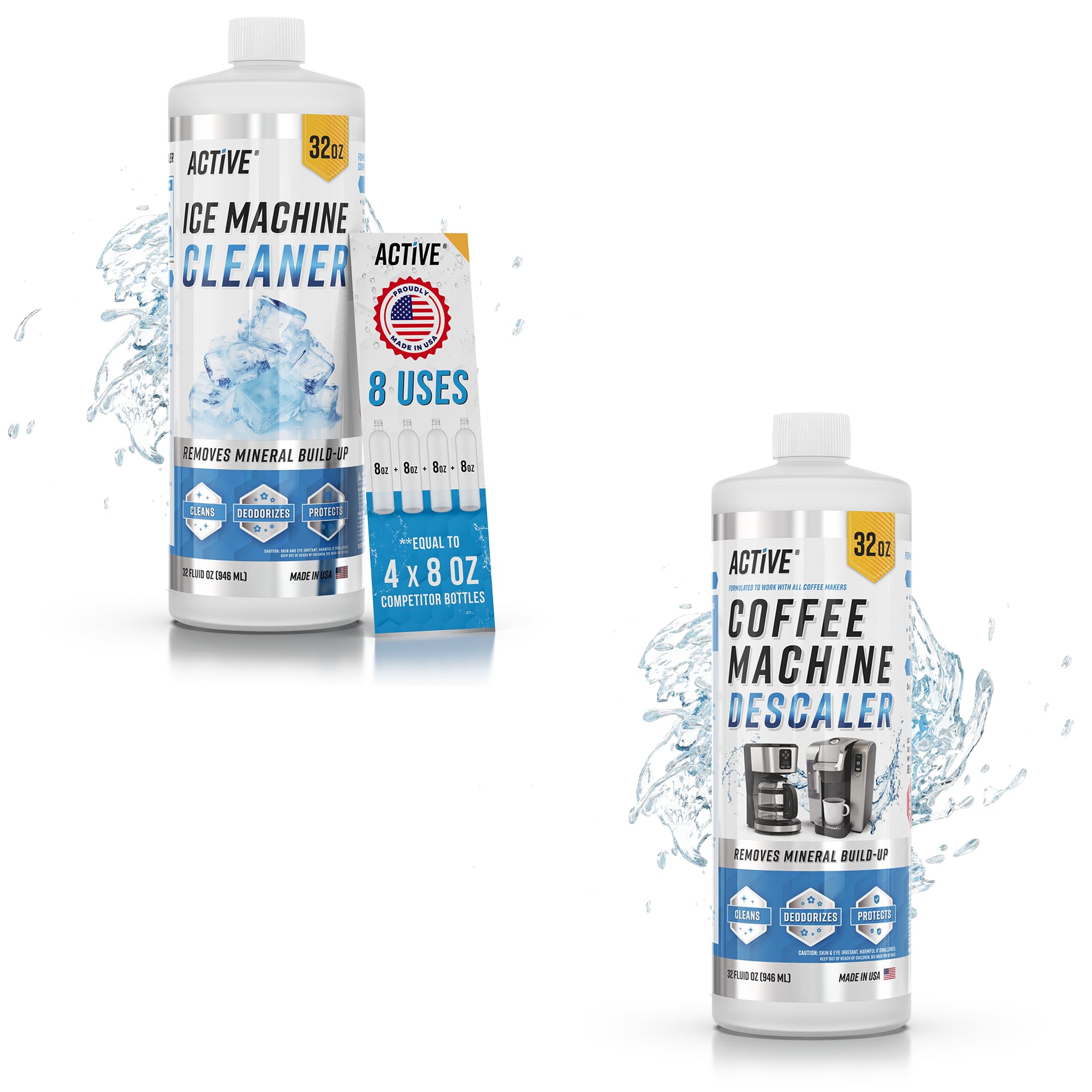 ACTIVE Ice Machine Cleaner & Coffee Maker Descaler Liquid - 32oz Ice Maker Cleaning Solution + 32oz Descaling Cleaner for Keurig, Nespresso & Drip Coffee Machines - Perfect for Home, Office & Commercial Use