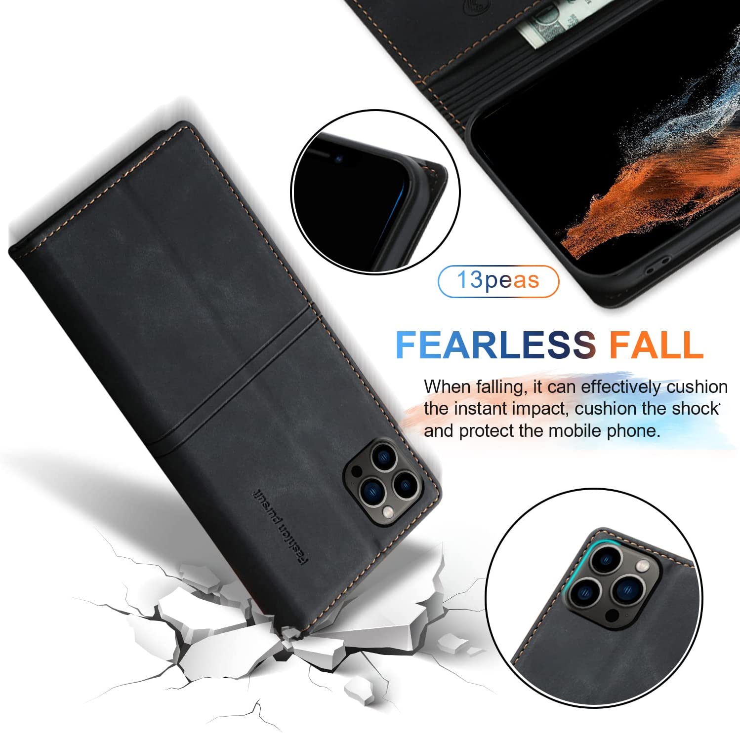 Premium iPhone 14 Pro Leather Wallet Case with Kickstand - Genuine Cowhide Business Flip Cover (Black) - Perfect for Work, Travel & Everyday Protection