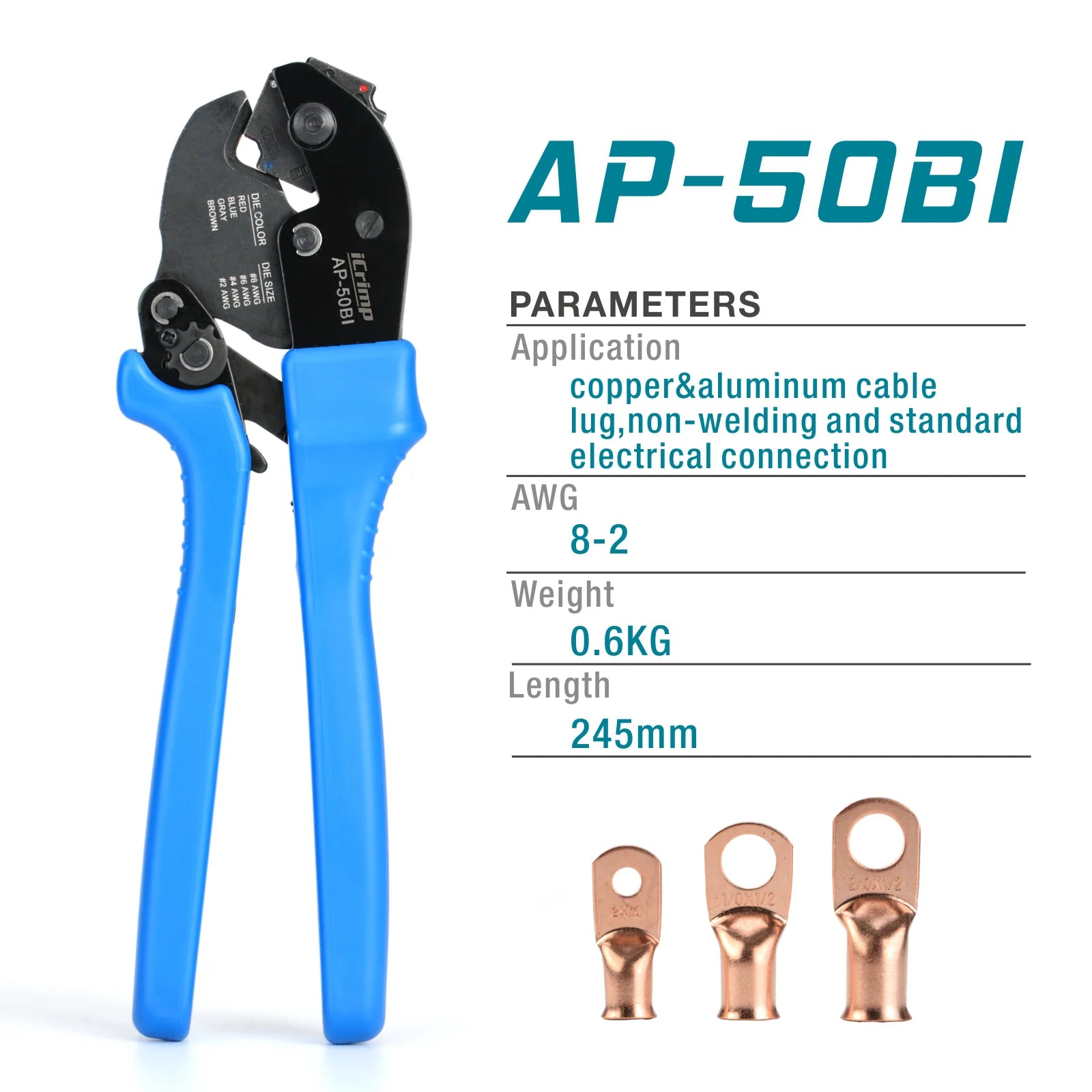 AP 50BI Heavy Duty Battery Cable Terminal Lug Crimper Tool for 8, 6, 4, 2 AWG Copper Cable Lugs - Professional Battery Cable Ends Crimping for Automotive, Marine, and Solar Power Applications